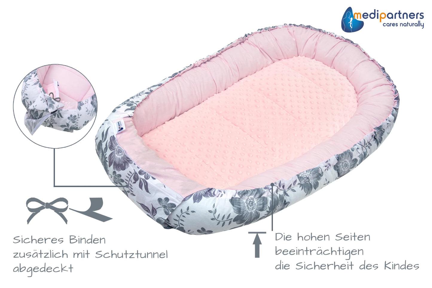 Medi Partners Babynest Nestchen Baby Set für Neugeborene - 100x60x15 Kuschelnest 5 teilig tragbar Nest zweiseitig Babynestchen Bett 100% Baumwolle (Lichtung mit grauem Minky)