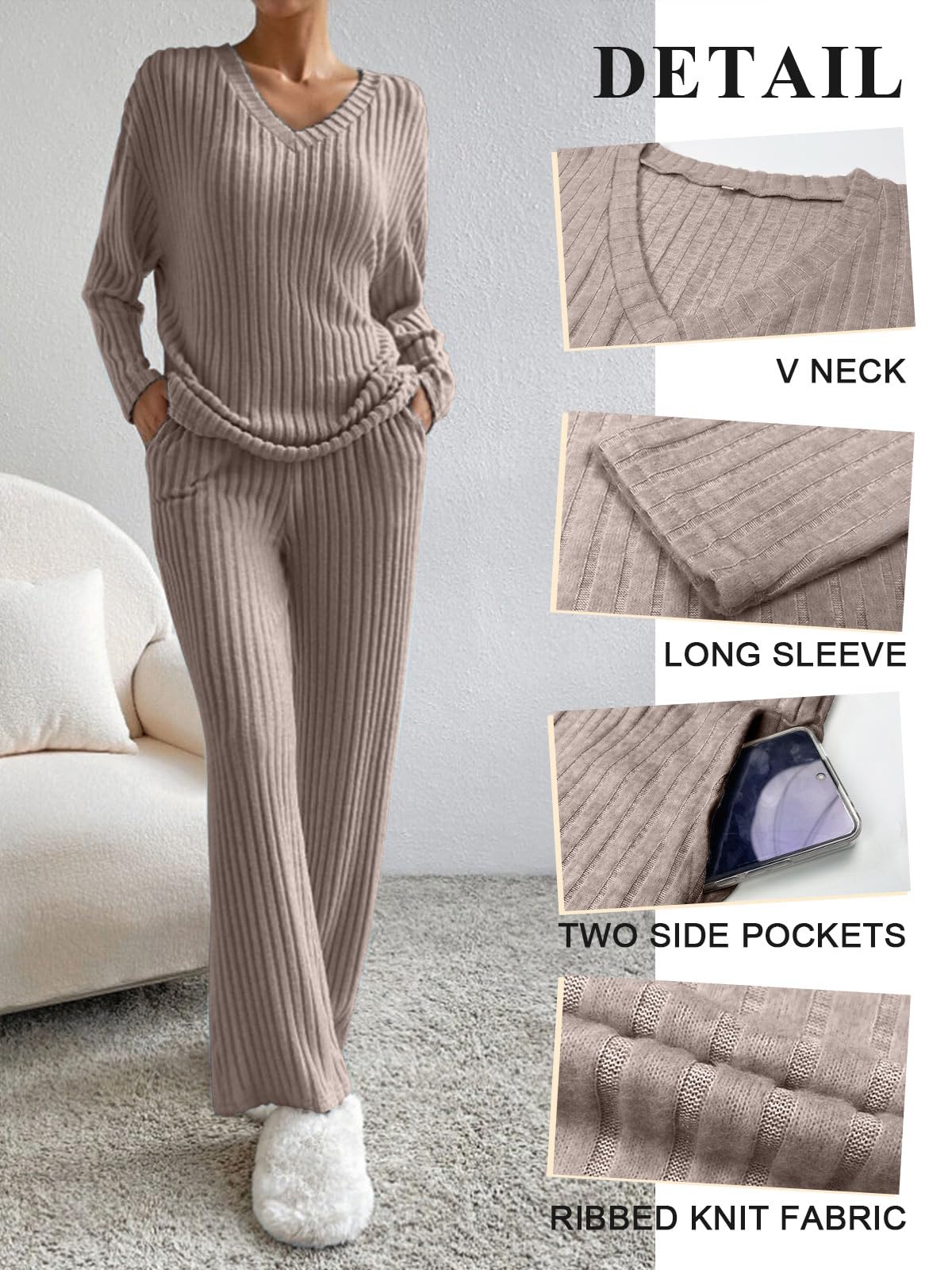 CheChury Zweiteiler Damen Lounge Set V-Ausschnitt Einfarbig Loungewear Gerippt Shirt Top Langärm mit Hose 2-Teiliges Hausanzug Jogginganzug Loungewear Nachtwäsche Hauskleidung Freizeit Outfit