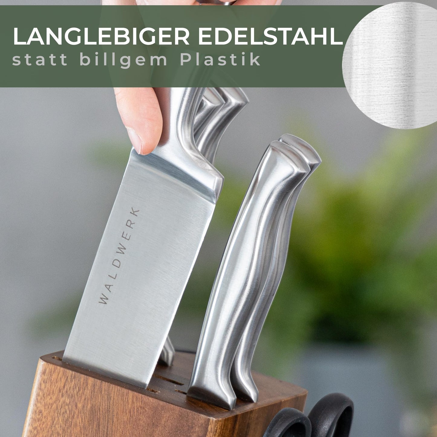 WALDWERK Küchenhelfer Set aus Teakholz - 4 teiliges Kochlöffel Set mit Pfannenwender, Holzlöffel, Nudelschöpfer und Halterung - Kochlöffel Holz - Pfannenwender Holz - Kochutensilien Set