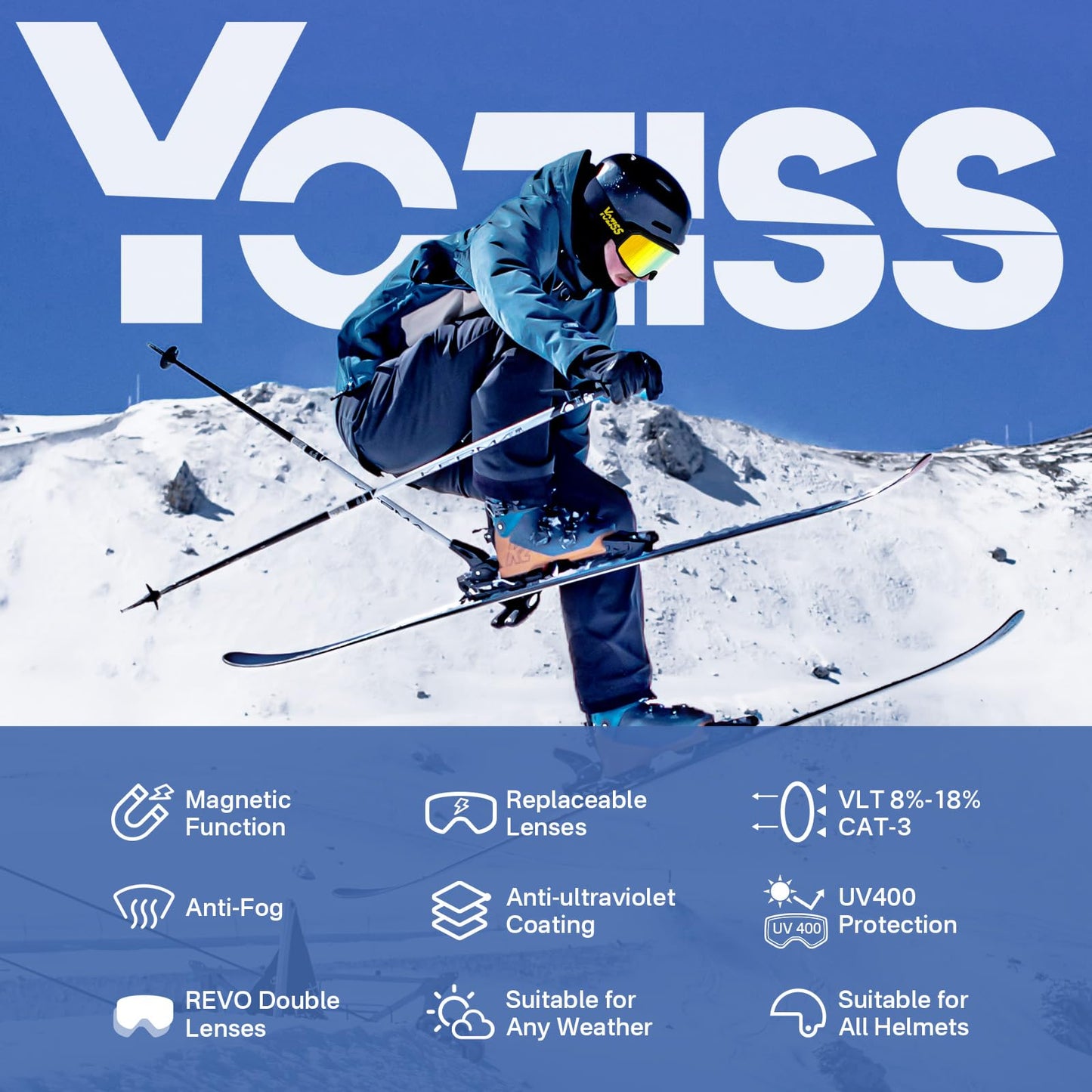 YOZISS OTG Ski Goggles for Men and Women, Magnetic Snowboard Goggles Anti-Fog & 100% UV Protection, OTG Ski Goggles Snow Goggles for Skiing & Winter Sports