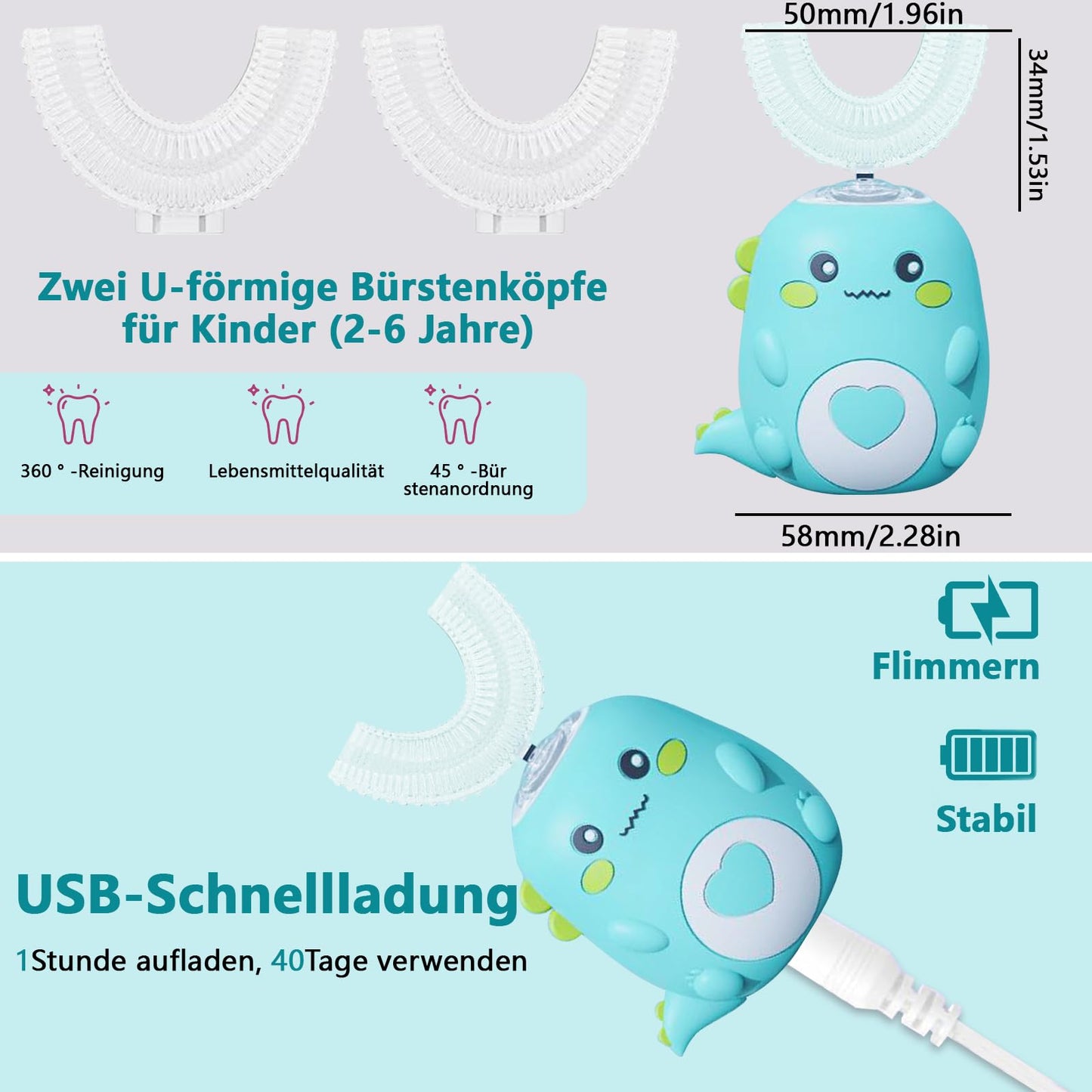 Kinderzahnbürste Elektrisch, 360° Automatische Ultraschall Elektrozahnbürste, Ultraschall Zahnbürstemit 3 U-förmigen Silikonbürstenköpfen,mit LED, Dino Zahnbürste Elektrisch für Alter 2~6 Jahre (Grün)