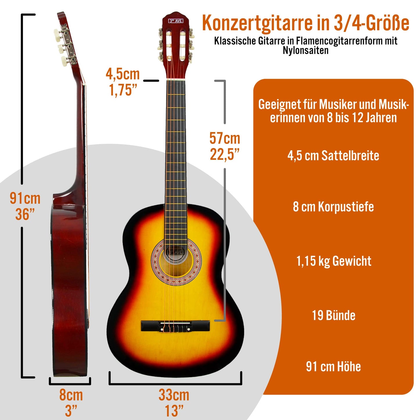 3rd Avenue 3/4-Klassikgitarre Für Kinder, Spanische Nylonsaiten, Einsteigerpaket – Rot
