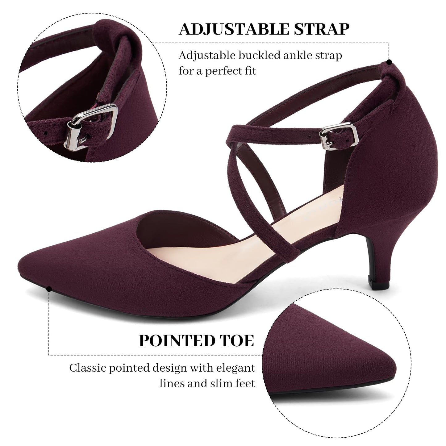 Greatonu Women's Pointed Toe Court Shoes with Ankle Strap and Kitten Heel