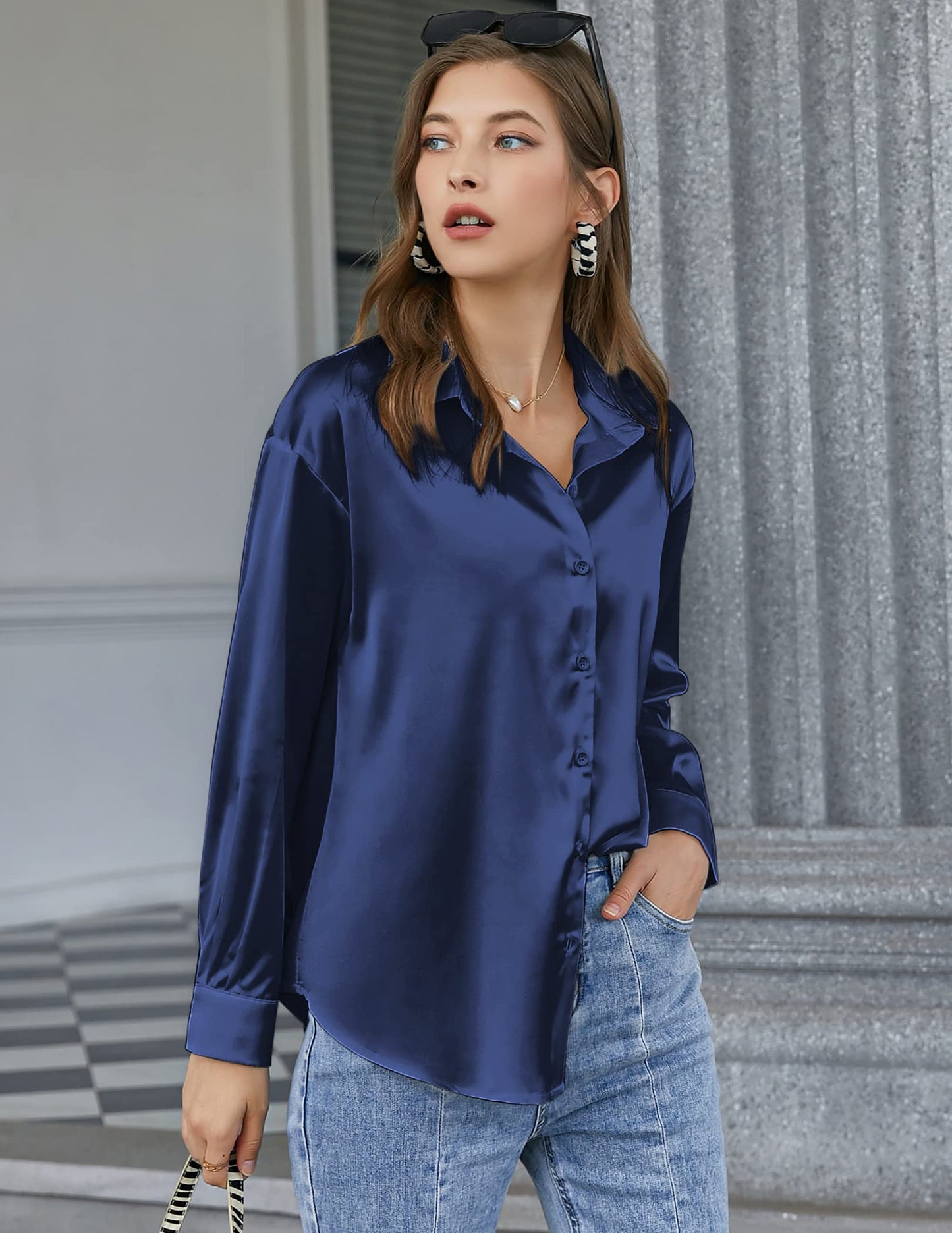 Beyove Damen Bluse Satin Seide V-Ausschnitt Hemden Elegant Langarm Business Oberteile mit Knöpfen Tops Lose Langarmshirt