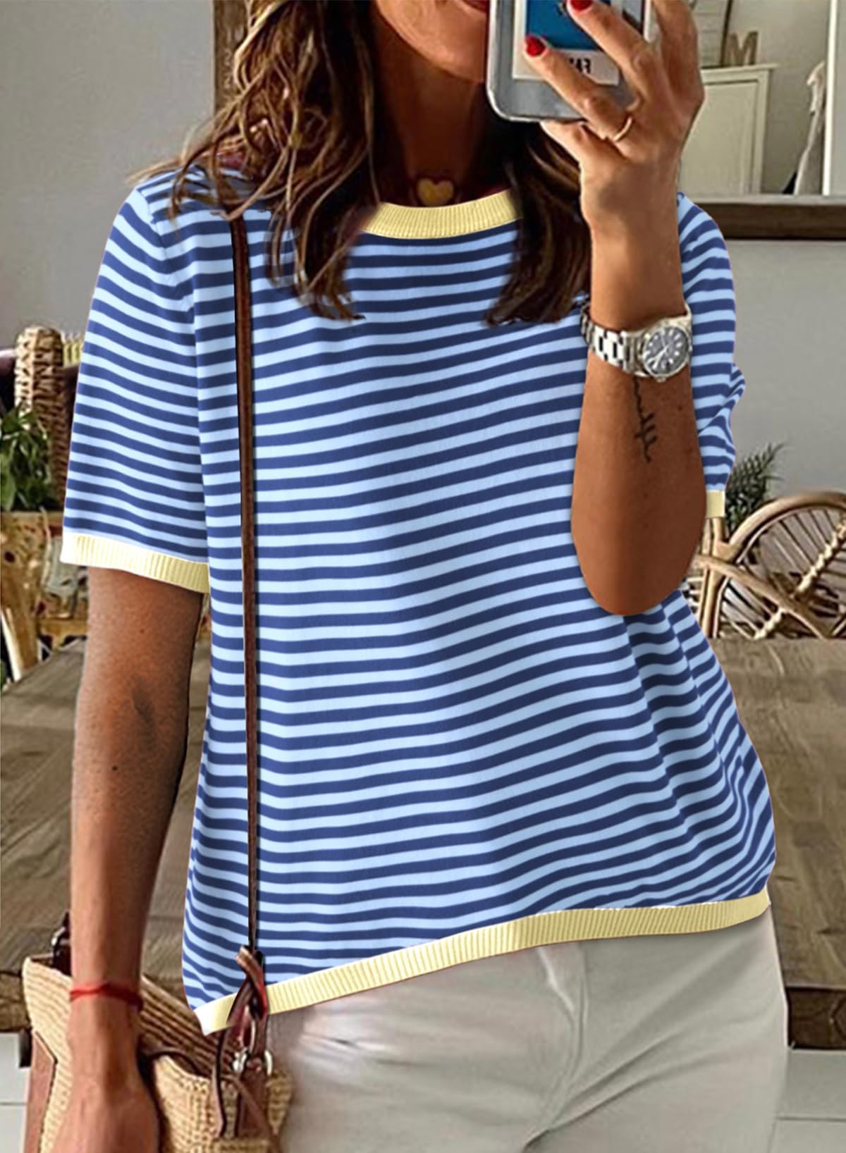 Cuptacc Tshirt Damen Baumwolle Shirt Damen Oberteile Sommer Gestreiftes Rundhals Basic Tops Kurzarm Tunika Damen Blusen Elegant Weiß Schwarz