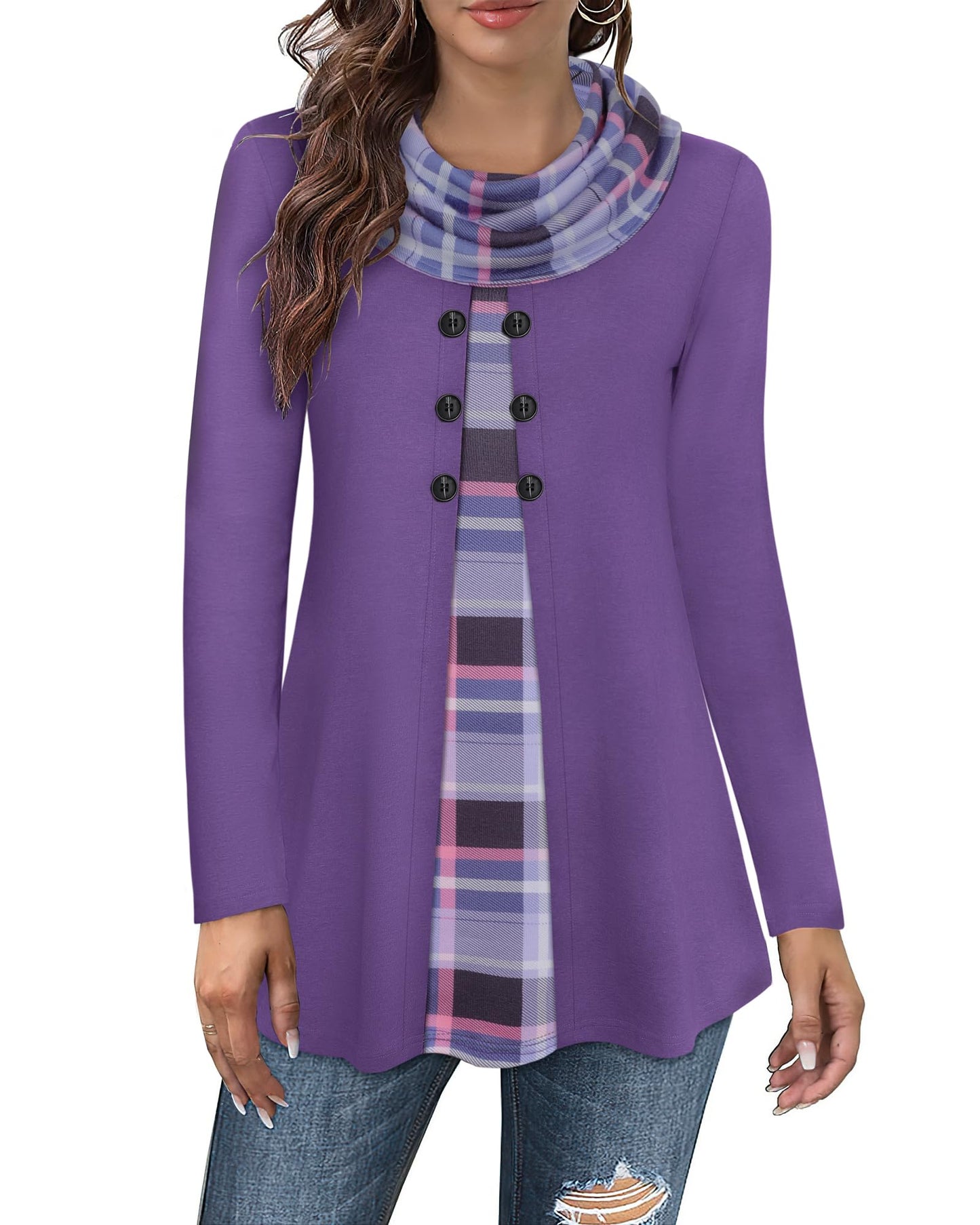 Gaharu Damen Tunika Langarm Elegant Pullover Lang Sweatshirt Schalkragen Patchwork Pulli