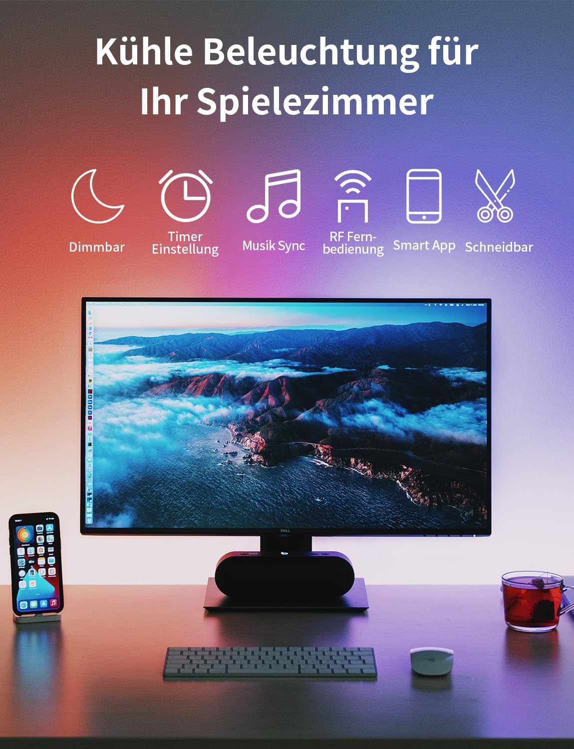 BUNACET COB RGB LED Strip 6M 24V Dimmbar, LED Streifen 3456 LEDs, Leiste Band Stripes Lichtband mit Netzteil RF Fernbedienung & APP Bluetooth für Küche Schlafzimmer Deko