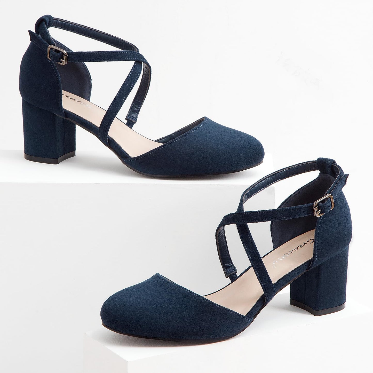Greatonu Damen Pumps Riemchenpumps Spangenpumps Sandale mit Kreuz Knöchelriemen Blockabsatz Geschlossener Spitze Glitzer Pumps - Perfekt für Hochzeiten und Partys