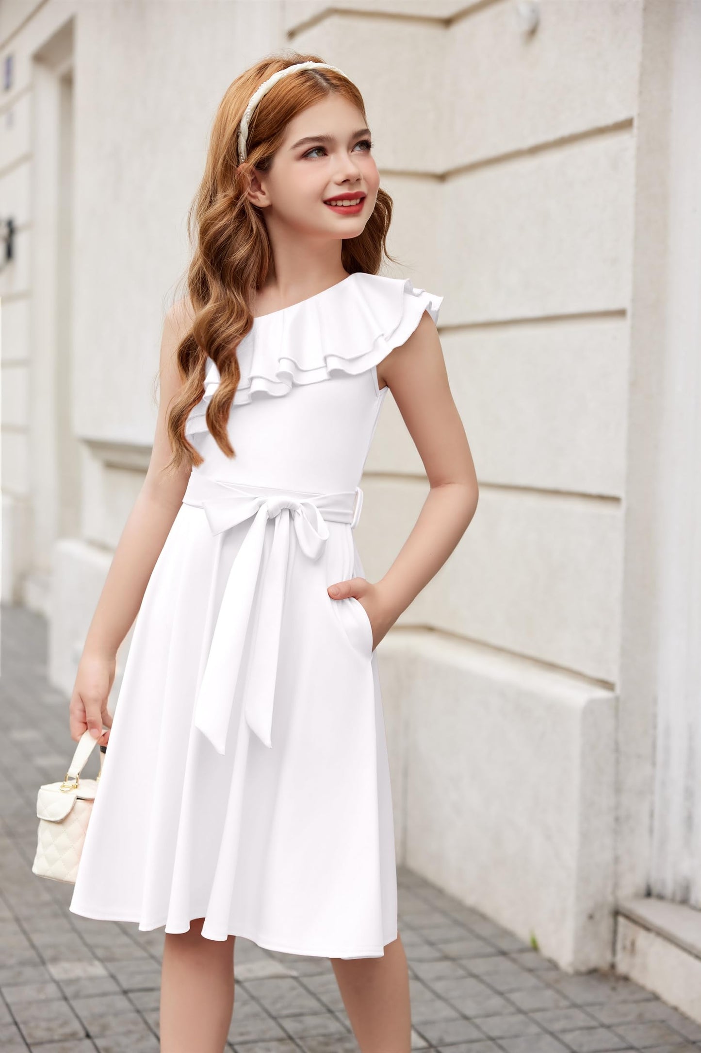 Arshiner Mädchen Kleider Eine-Schulter Kinderkleider Sommer Festliches Kleid Rüschenkragen Elegant Partykleider Swingkleid mit Gürtel ärmelloses Kleid für Mädchen 5-13 Jahre
