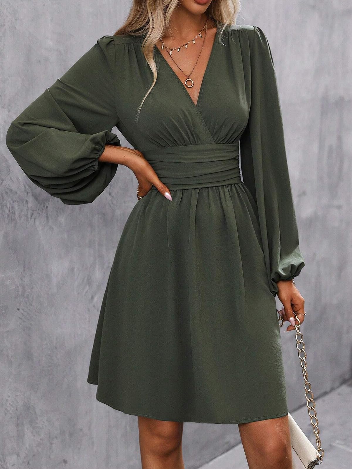 LIAMERHE Damen Elegant Kleid Langarm/Kurze Ärmel V-Ausschnitt Casual Kleider A-Linie Blumenmuster Minikleid Freizeitkleider Sommer Herbst Winter Laternenärmeln Kleid Partykleid