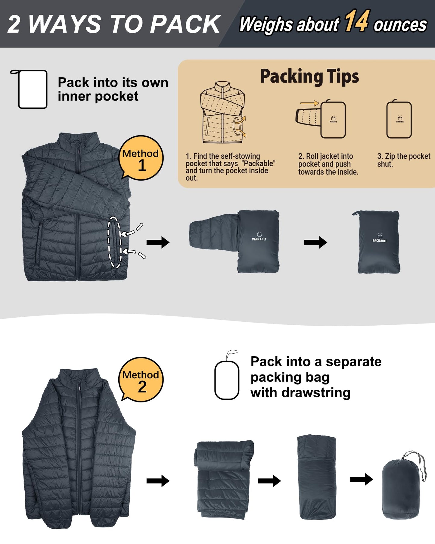 Outdoor Ventures Herren Steppjacke Packbare Leichte Warme Übergangsjacke Herren Wasserfeste Pufferjacke mit 3 Taschen für Outdoor Casual Wandern
