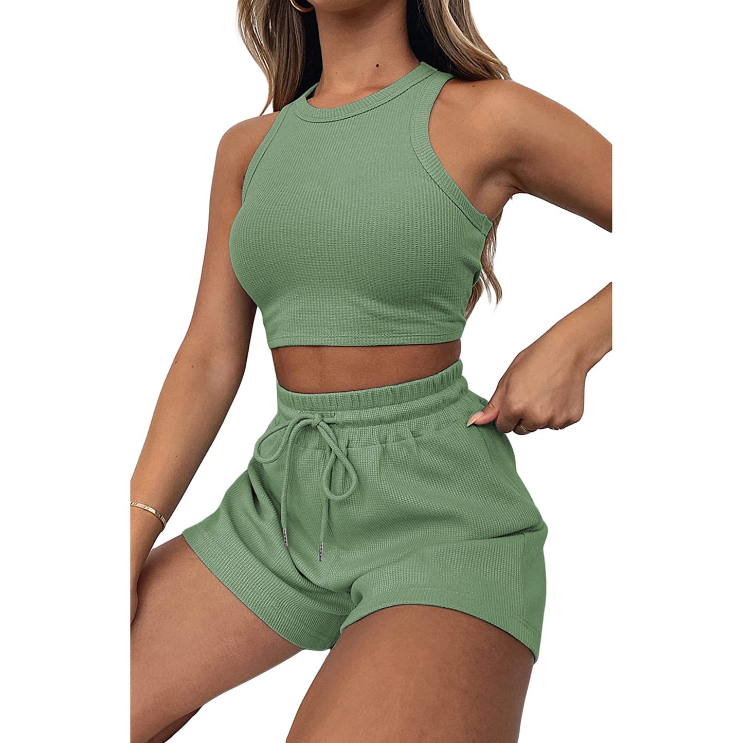 Geagodelia Damen Zweiteiler Sommer Hosenanzug Elegant Outfits Kleidung 2 Teiler Set Crop Tank Top + Shorts Y2k Aesthetic Clothes Workout Sport Anzug