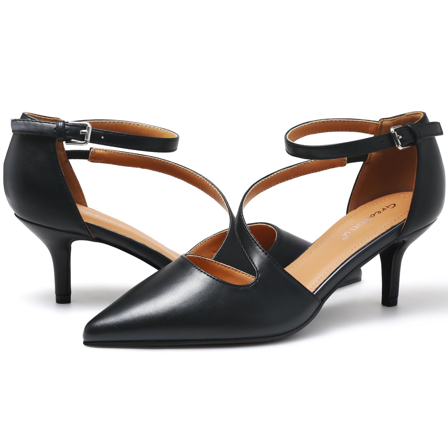Greatonu Women's Pointed Toe Court Shoes with Ankle Strap and Kitten Heel