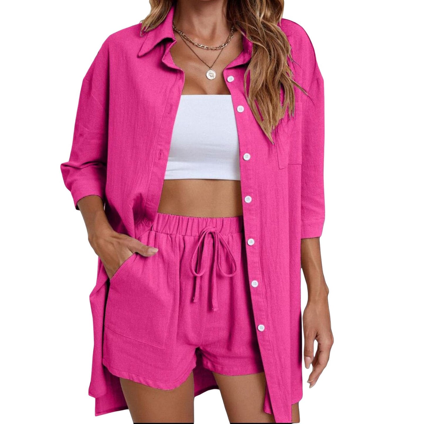 Geagodelia Damen Zweiteiler Elegant Hosenanzug Sommer Outfits Kleidung 2 Teiler Set Bluse Top + Shorts Y2k Aesthetic Clothes Loungewear Anzug