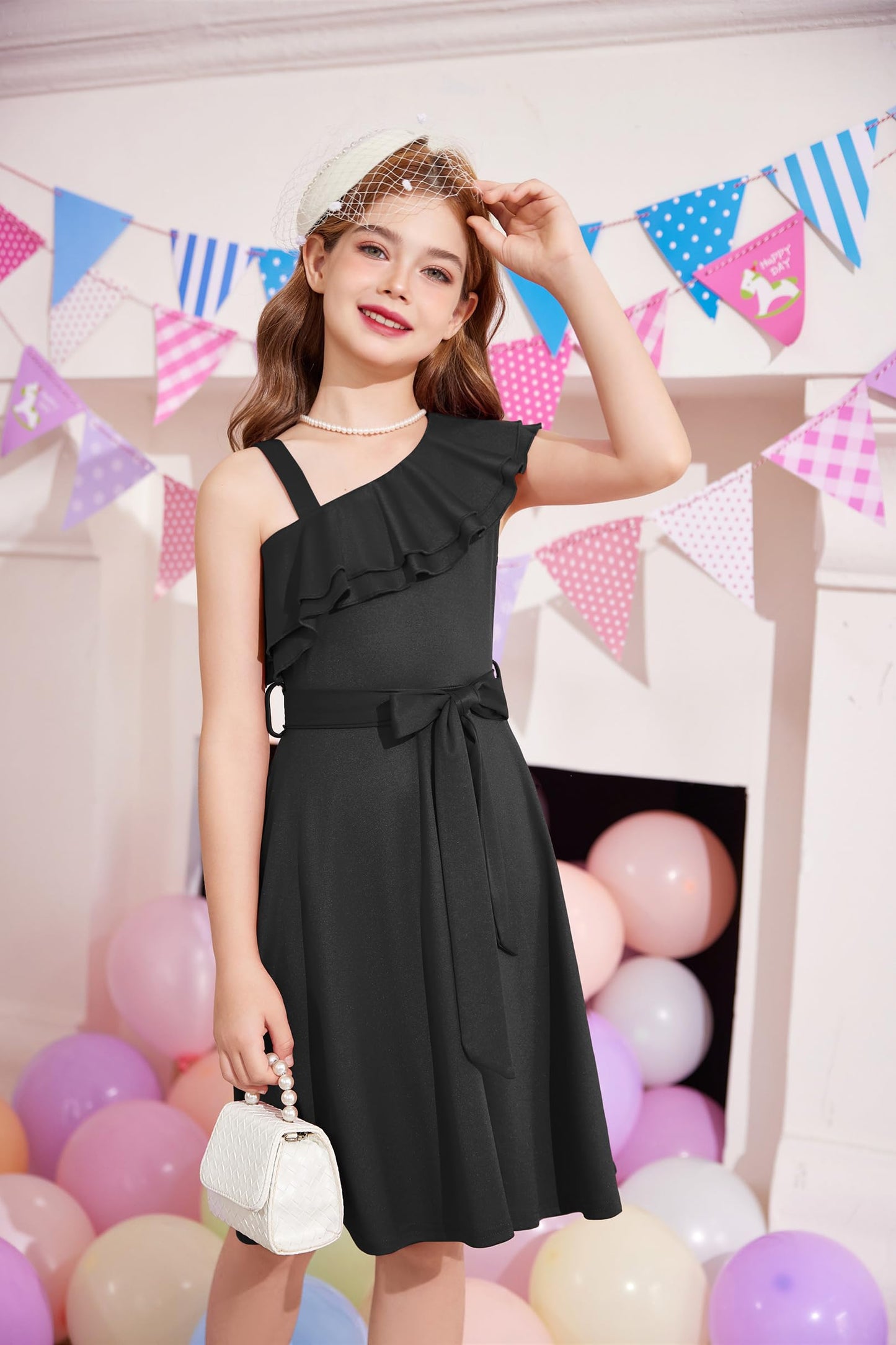 Arshiner Mädchen Kleider Eine-Schulter Kinderkleider Sommer Festliches Kleid Rüschenkragen Elegant Partykleider Swingkleid mit Gürtel ärmelloses Kleid für Mädchen 5-13 Jahre