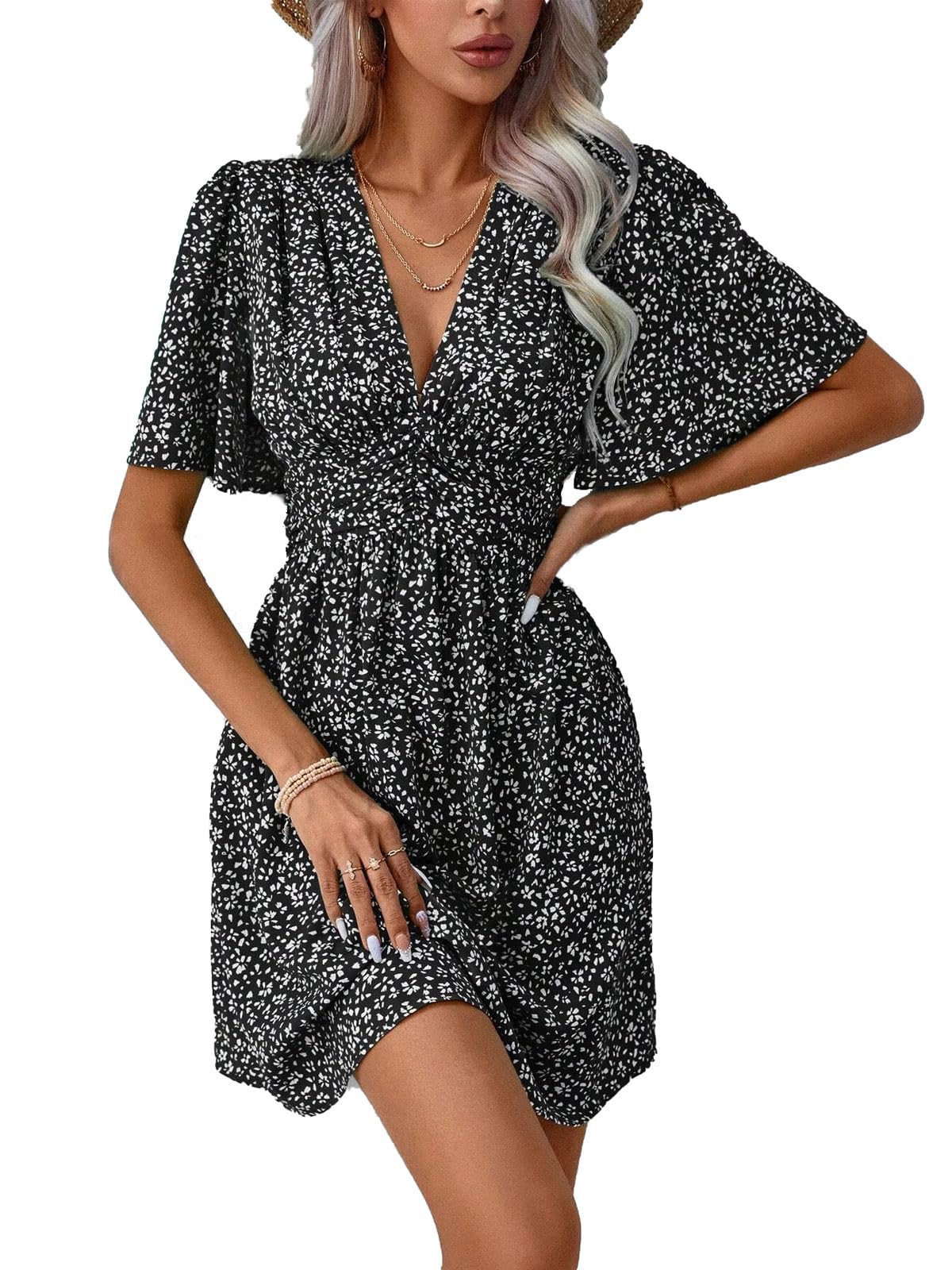 LIAMERHE Damen Elegant Kleid Langarm/Kurze Ärmel V-Ausschnitt Casual Kleider A-Linie Blumenmuster Minikleid Freizeitkleider Sommer Herbst Winter Laternenärmeln Kleid Partykleid