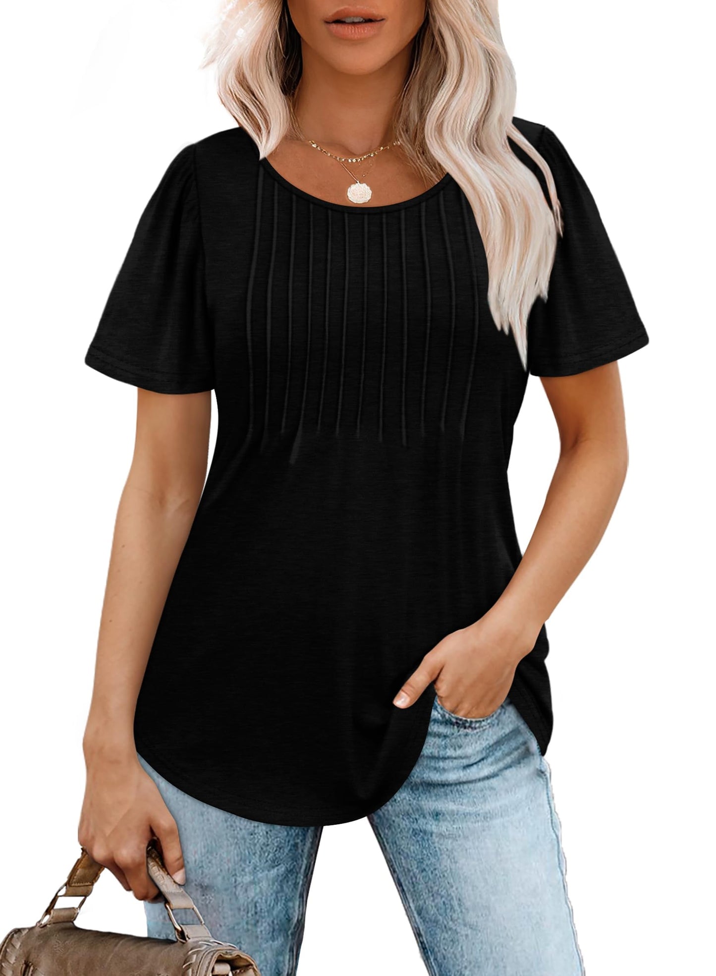 Cuptacc Tshirt Damen Rundhals Mit Falten Locker Puffärmel T-Shirt Elegant Kurzarm Geblümt/Einfarbig Top Damen
