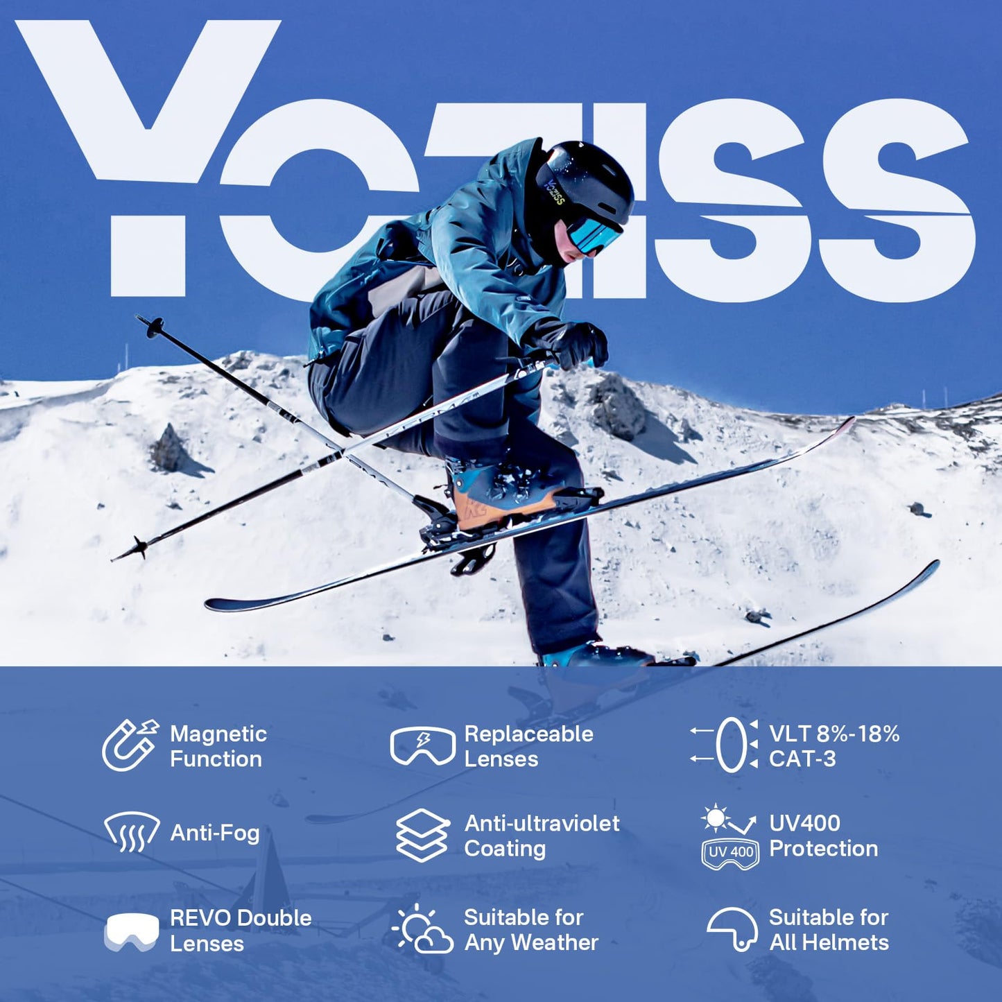 YOZISS OTG Ski Goggles for Men and Women, Magnetic Snowboard Goggles Anti-Fog & 100% UV Protection, OTG Ski Goggles Snow Goggles for Skiing & Winter Sports