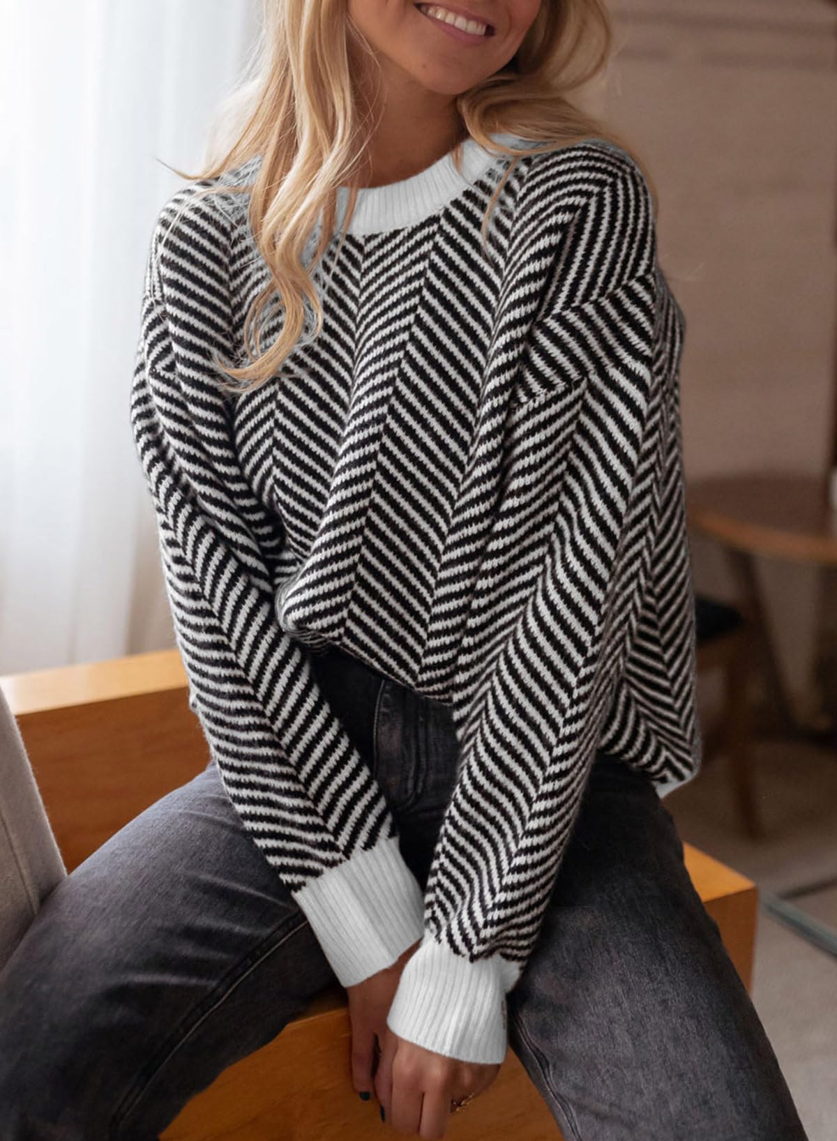 Dokotoo Damen Pullover Elegant Rundhals Gestreifter Strickpullover Warm Herbst Winterpullover Pulli Sweater S-XXL