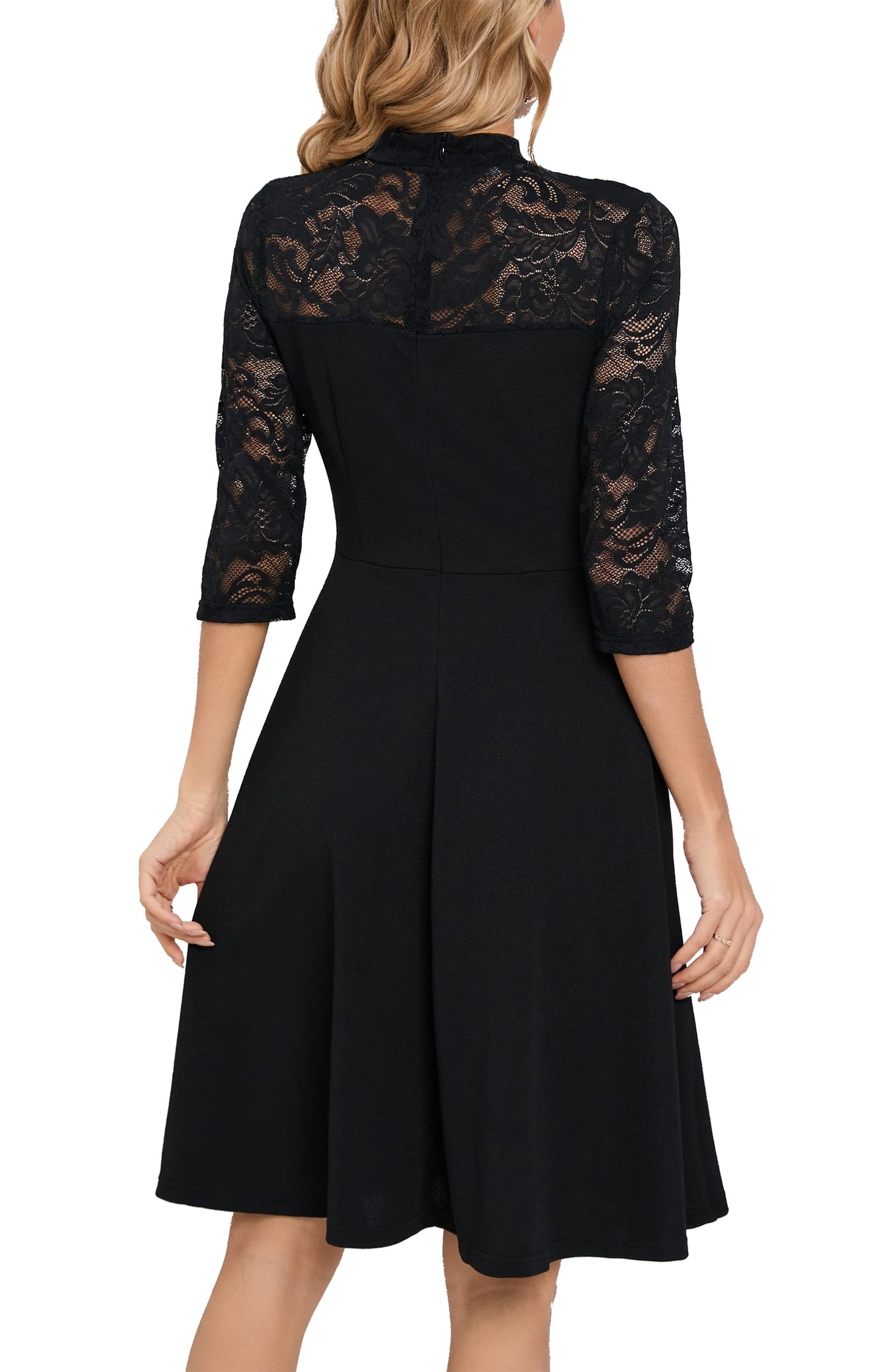 HOMEYEE Damen Elegant Spitze 3/4 Ärmel Rockabilly Kleid Retro Knielang Cocktailkleid für Hochzeit A368