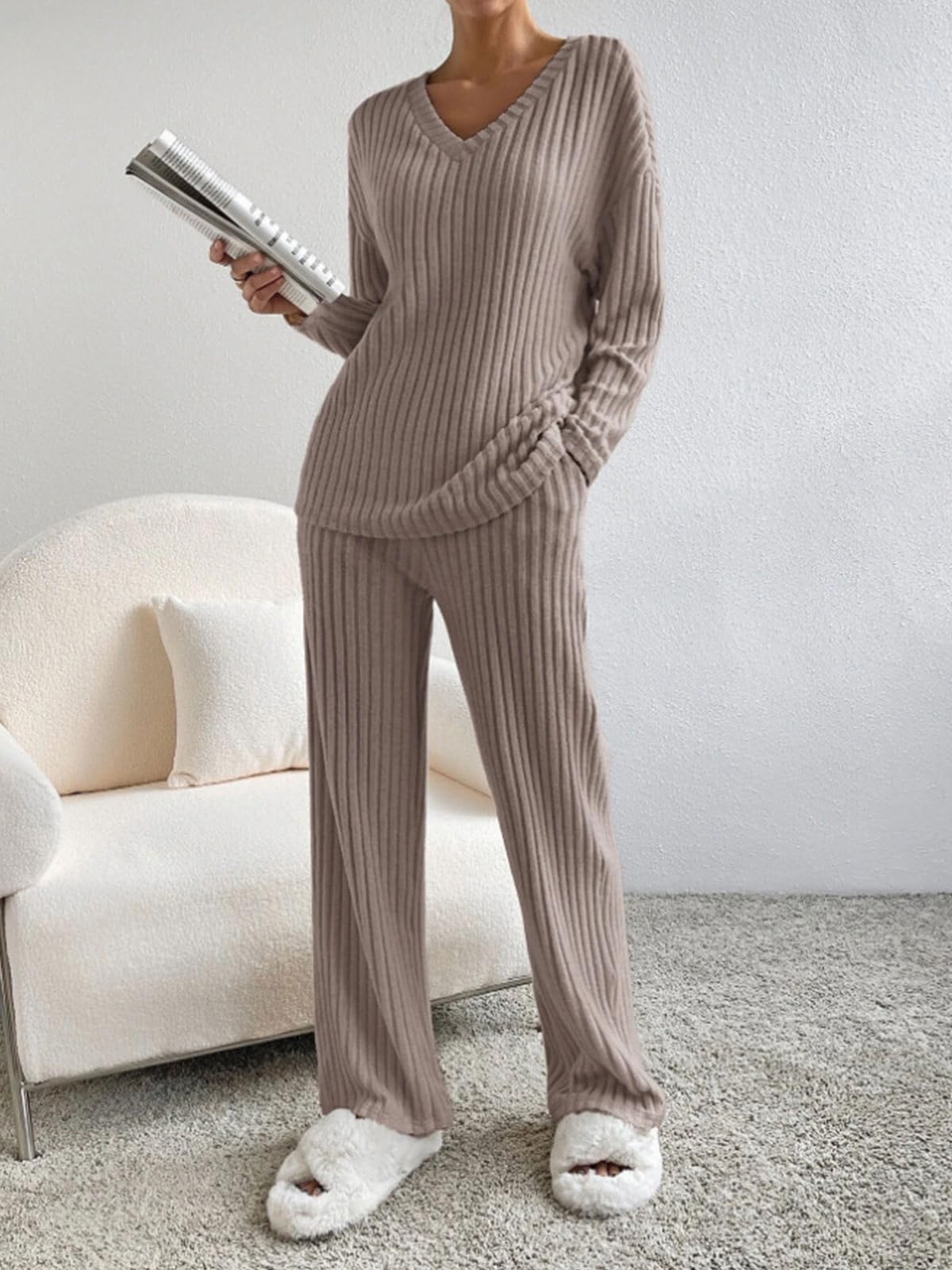 CheChury Zweiteiler Damen Lounge Set V-Ausschnitt Einfarbig Loungewear Gerippt Shirt Top Langärm mit Hose 2-Teiliges Hausanzug Jogginganzug Loungewear Nachtwäsche Hauskleidung Freizeit Outfit