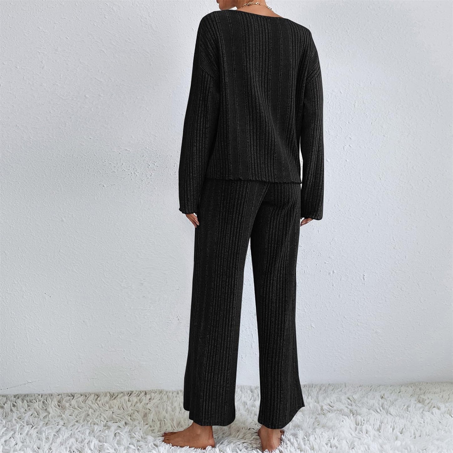 Hausanzug Damen Elegant Gestrickte Loungewear Einfarbig Strickanzug Langarm Schlafanzüge Zweiteiler V-Ausschnitt Homewear Locker Freizeitanzug Outfit Weites Bein Hose mit Taschen Lounge Set