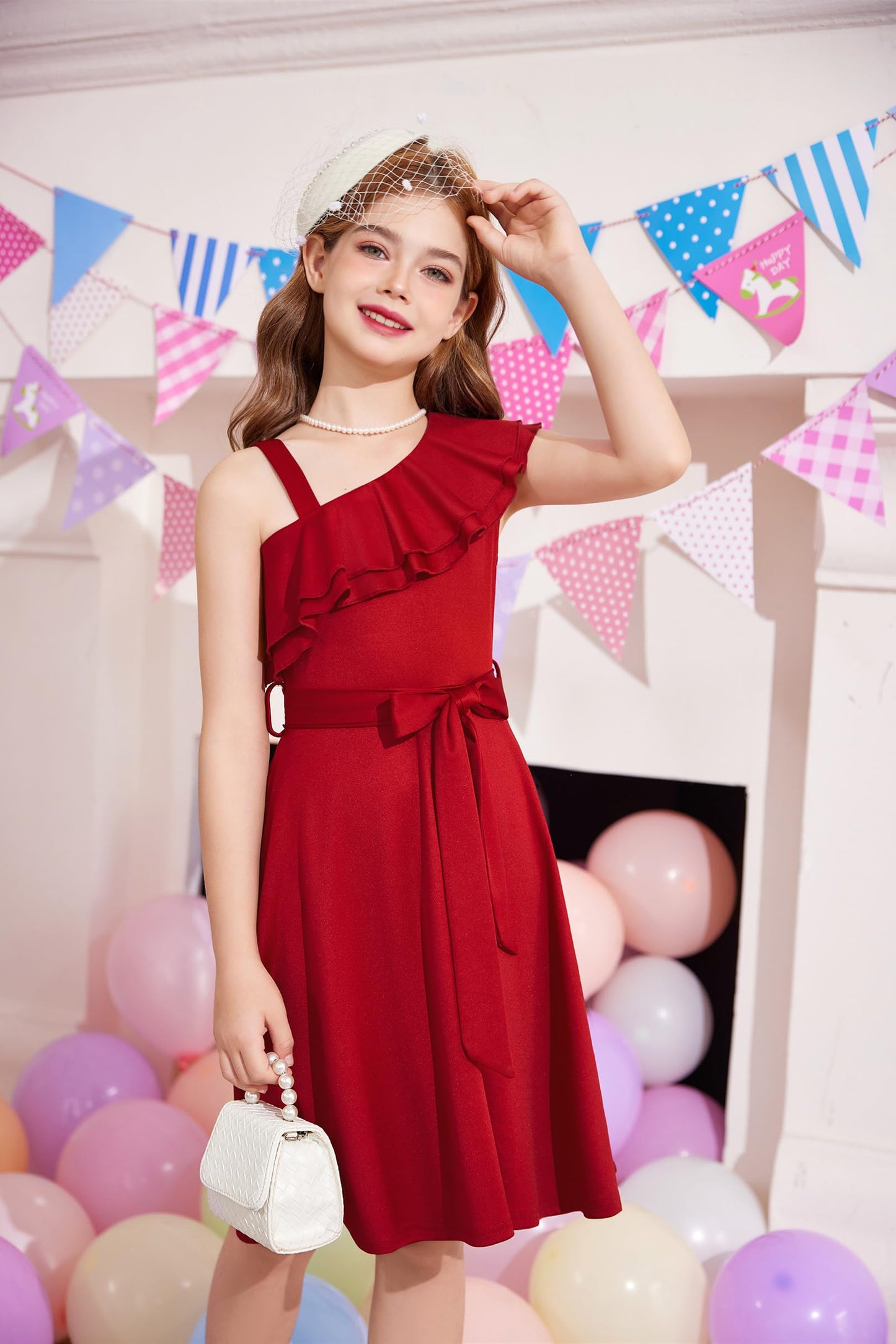 Arshiner Mädchen Kleider Eine-Schulter Kinderkleider Sommer Festliches Kleid Rüschenkragen Elegant Partykleider Swingkleid mit Gürtel ärmelloses Kleid für Mädchen 5-13 Jahre