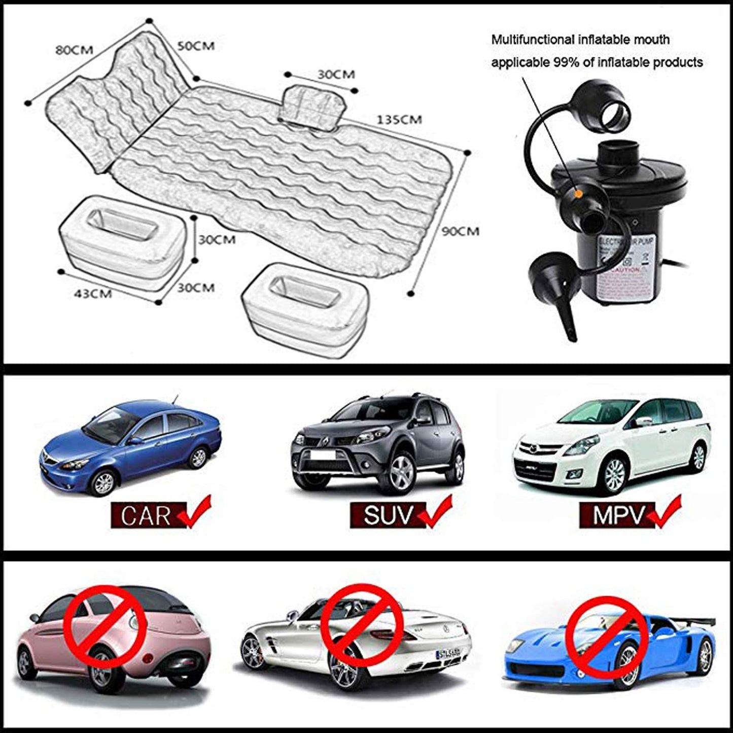 Icelus Auto Matratze SUV Luftmatratze with Luftpumpe 195 * 130 * 15 cm Aufblasbare Camping Kombi Luftbett für Auto Rücksitz Dickere Kofferraum Matratze Bett für Camping Outdoor Traveling