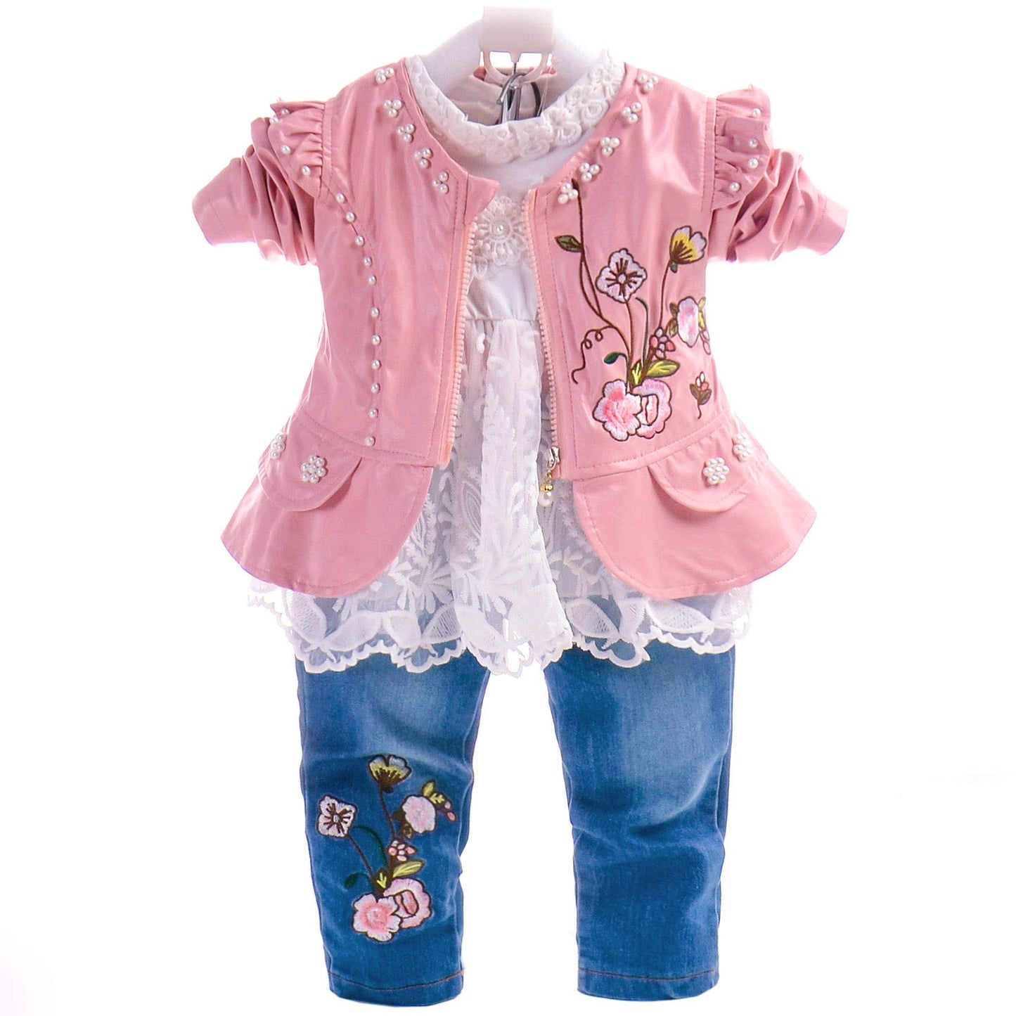 YYA 6M-4J Baby Mädchen Jeans 3-teiliger Anzug bestickter Spitzenrock Jeansjacke und Jeans