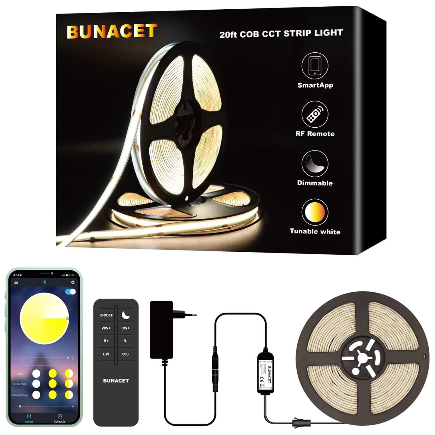 BUNACET COB RGB LED Strip 6M 24V Dimmbar, LED Streifen 3456 LEDs, Leiste Band Stripes Lichtband mit Netzteil RF Fernbedienung & APP Bluetooth für Küche Schlafzimmer Deko