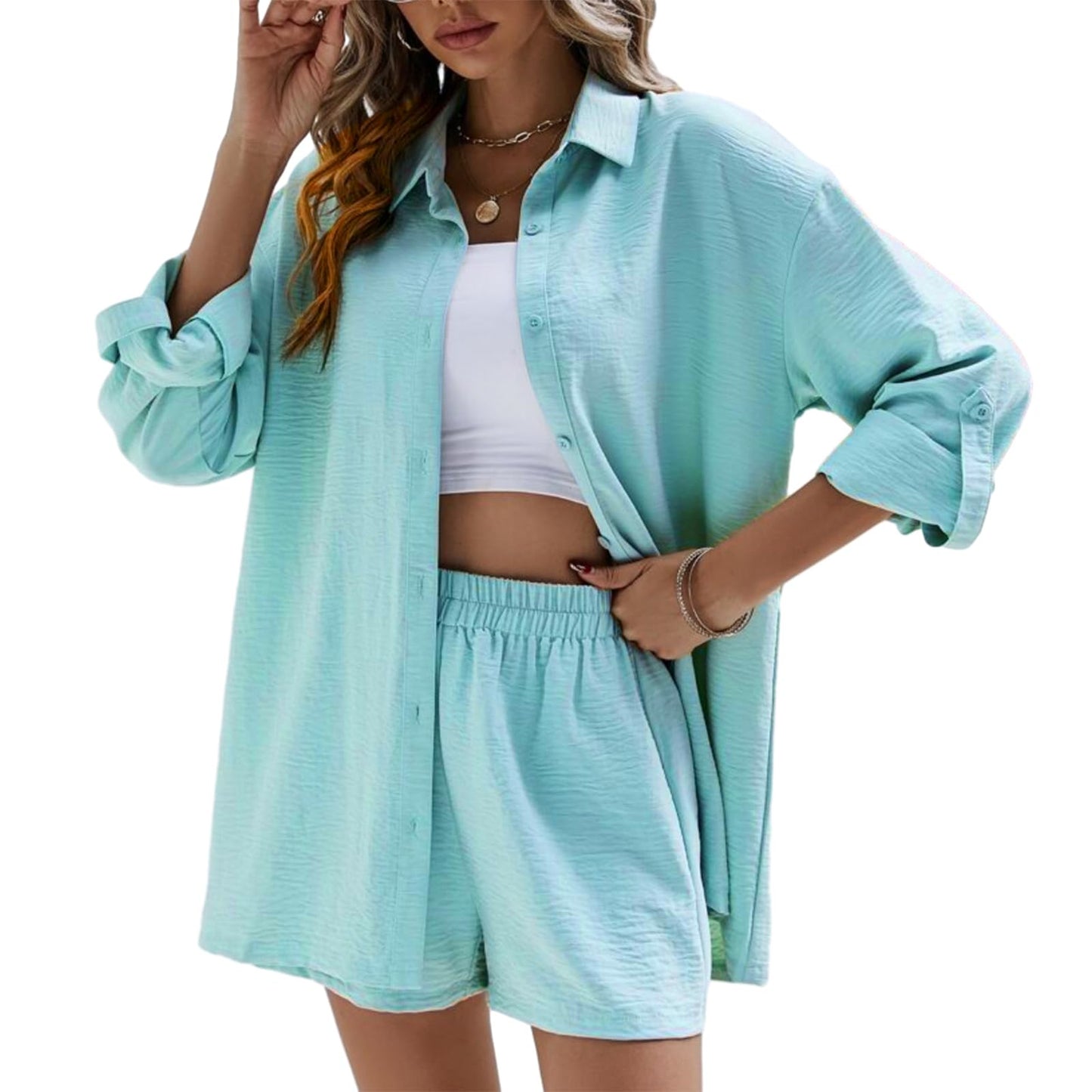 Geagodelia Damen Zweiteiler Elegant Hosenanzug Sommer Outfits Kleidung 2 Teiler Set Bluse Top + Shorts Y2k Aesthetic Clothes Loungewear Anzug