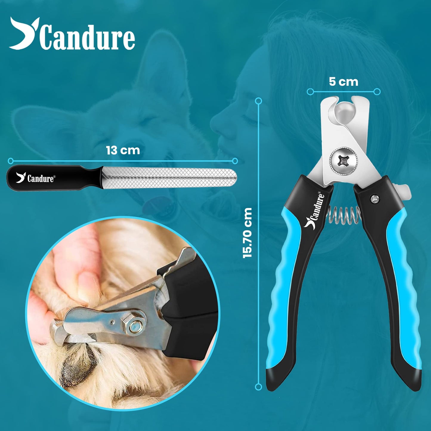 Candure Profi Krallenschere für Hunde und Katzen mit Nagelfeile Edelstahl Krallenzange Hohe Qualität Krallenpflege Schneider für Haustiere Nagelknipser groß Mit Sicherheitsschutz 6" Zoll