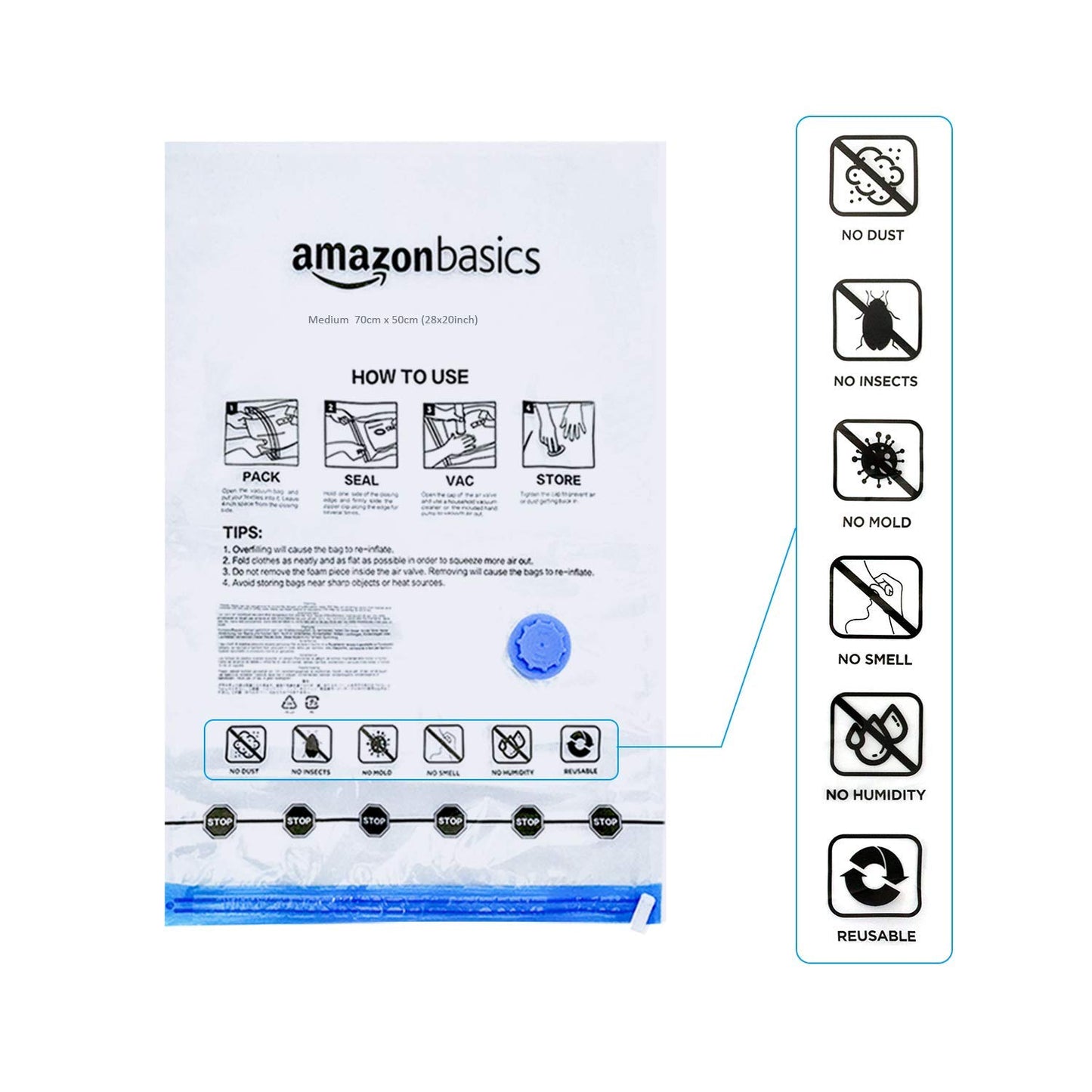 Amazon Basics Vakuumbeutel für Kleidung mit Luftdichtem Ventil und Handpumpe - Jumbo, 6er-Pack, Reißverschluss, Durchsichtig