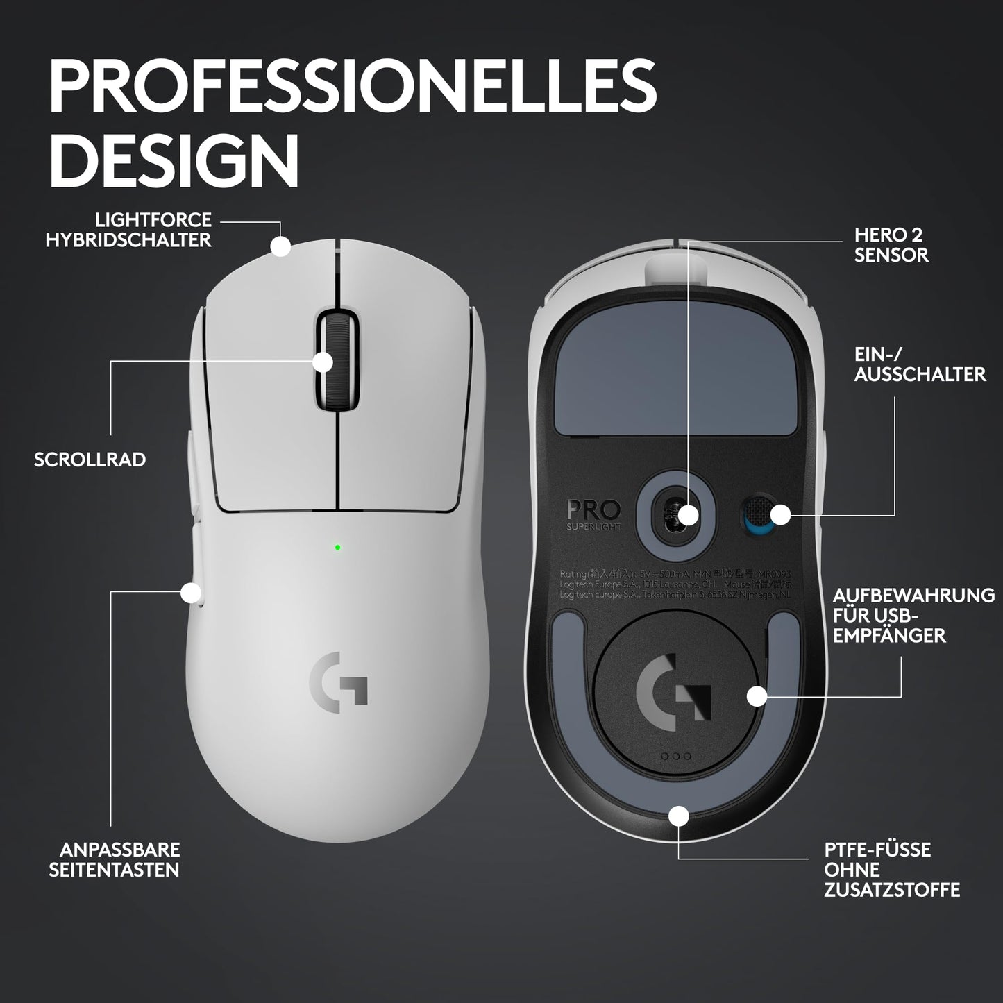 Logitech G PRO X SUPERLIGHT 2 LIGHTSPEED Kabellose Gaming-Maus, West Europa Verpackung, Lightweight, 60g, 8K-Abrufrate, 44K DPI, 5 programmierbare Tasten, USB-C, PC & Mac - Schwarz