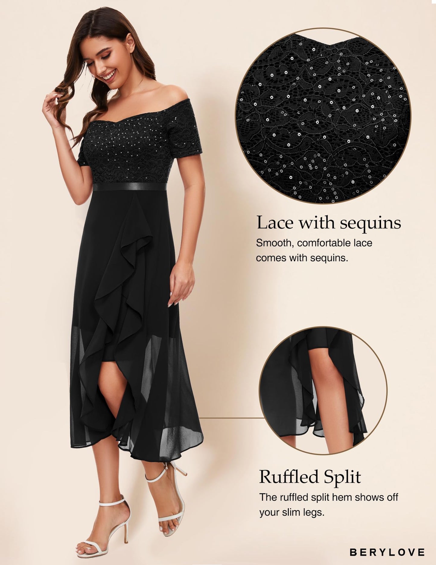 Berylove Abendkleid Damen Lang Glitzer Kleid Cocktailkleid Elegant für Hochzeit Off Shoulder Kleid Ballkleid
