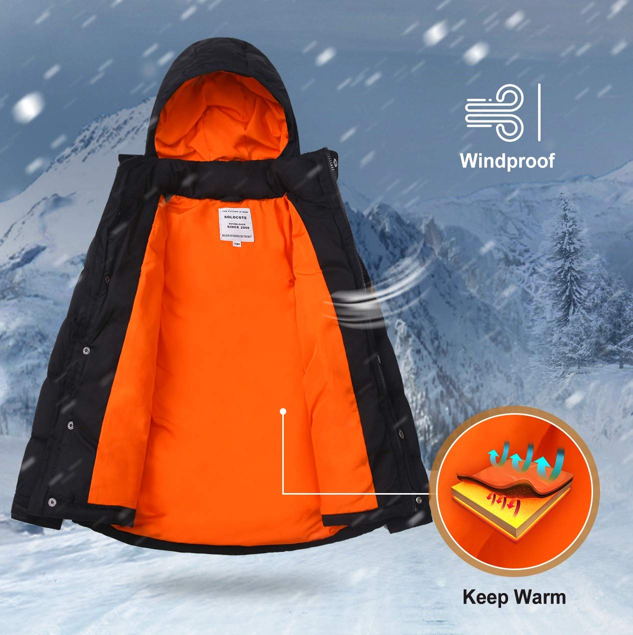 SOLOCOTE Boys' Winter Coat Lightweight Thickened Winter Jacket Warm Soft Puffy Cotton Outwear with Hood
