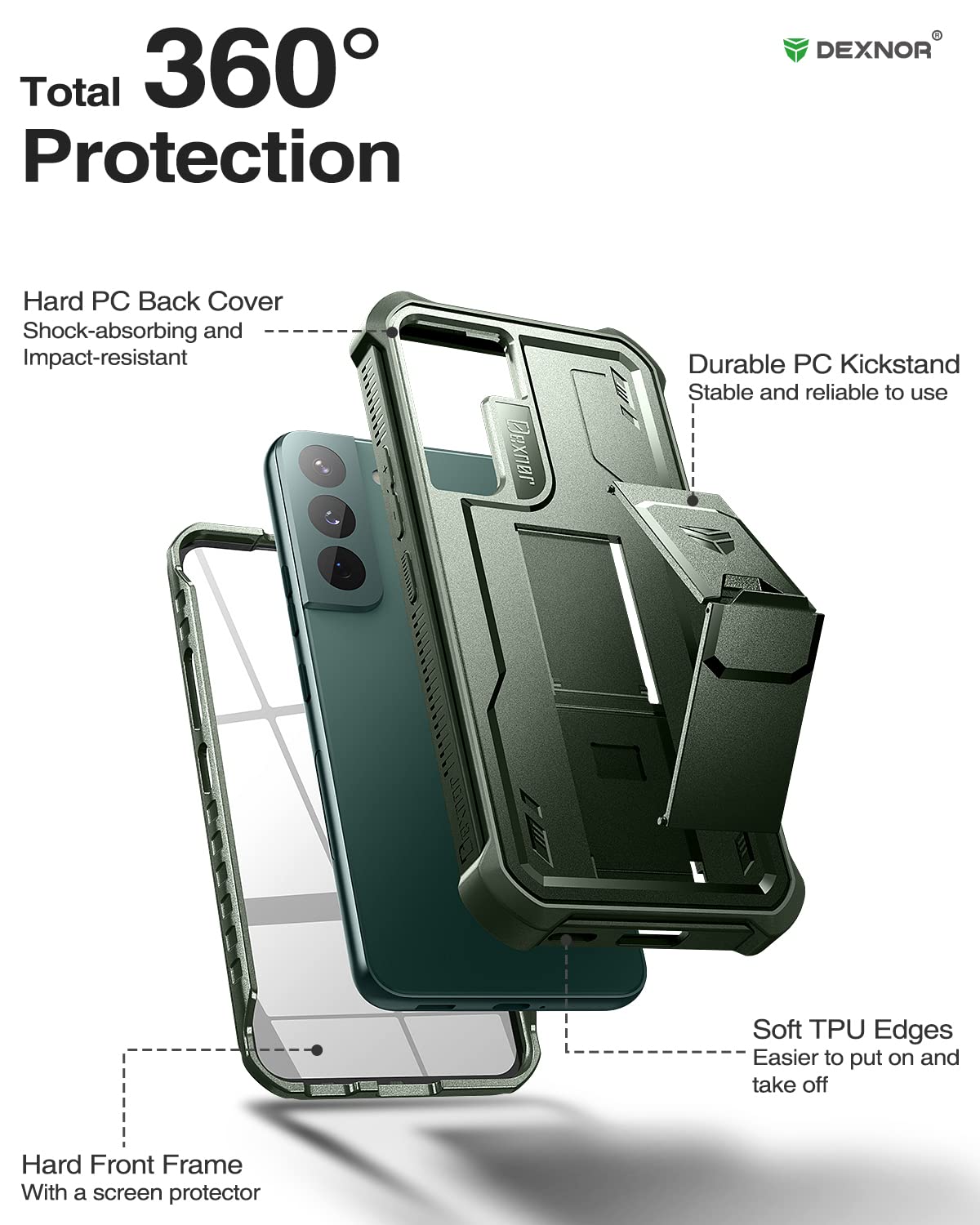 Dexnor Kompatibel mit Hülle Samsung Galaxy S22 Plus 5G mit integrierter Displayschutzfolie Militär-Grad 360 Full Body Shockproof Bumper Protection Cover with Stand - Black