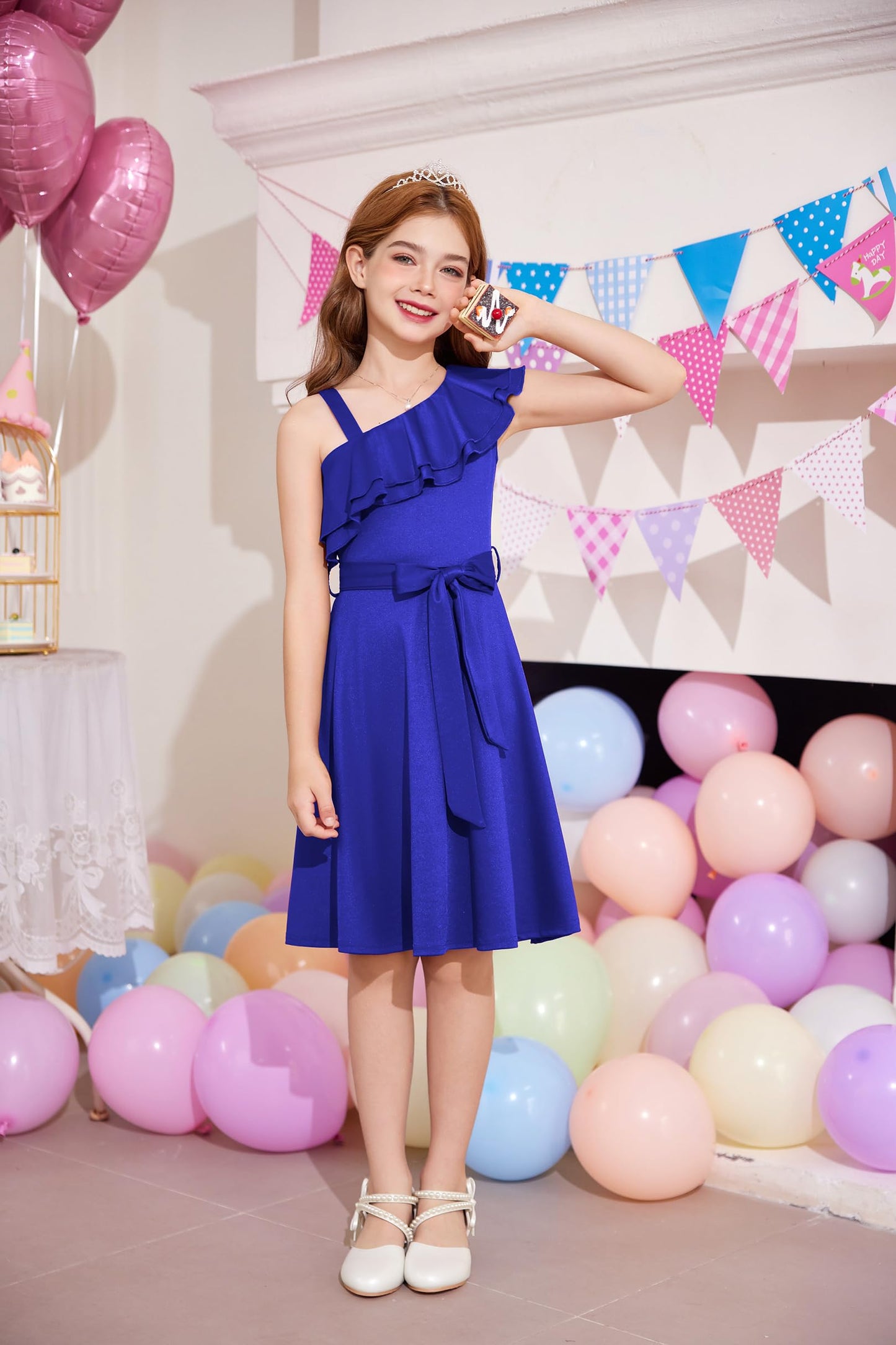 Arshiner Mädchen Kleider Eine-Schulter Kinderkleider Sommer Festliches Kleid Rüschenkragen Elegant Partykleider Swingkleid mit Gürtel ärmelloses Kleid für Mädchen 5-13 Jahre