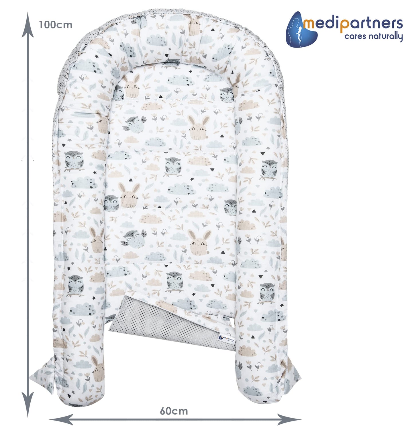 Medi Partners Babynest Nestchen Baby Set für Neugeborene - 100x60x15 Kuschelnest 5 teilig tragbar Nest zweiseitig Babynestchen Bett 100% Baumwolle (Lichtung mit grauem Minky)