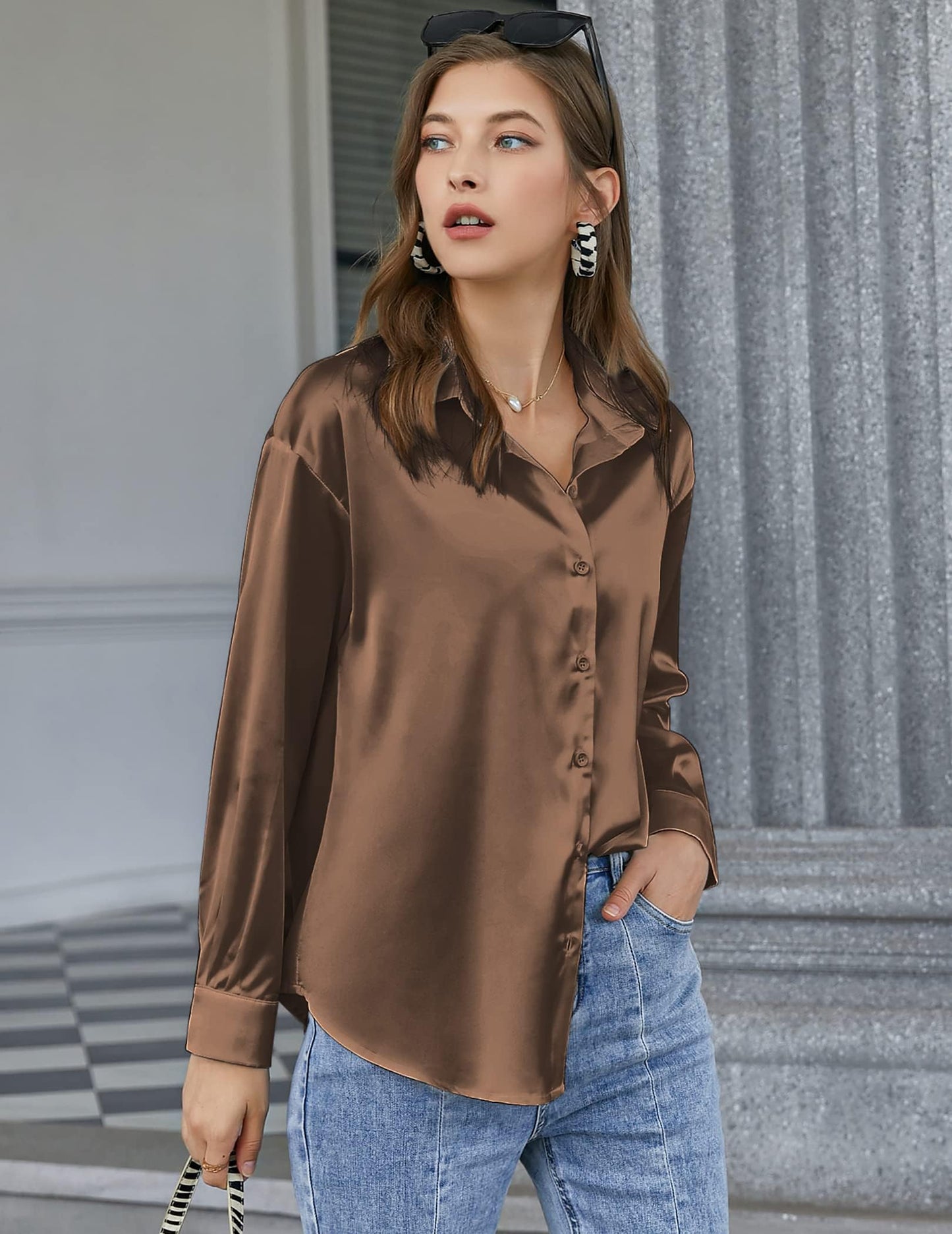Beyove Damen Bluse Satin Seide V-Ausschnitt Hemden Elegant Langarm Business Oberteile mit Knöpfen Tops Lose Langarmshirt
