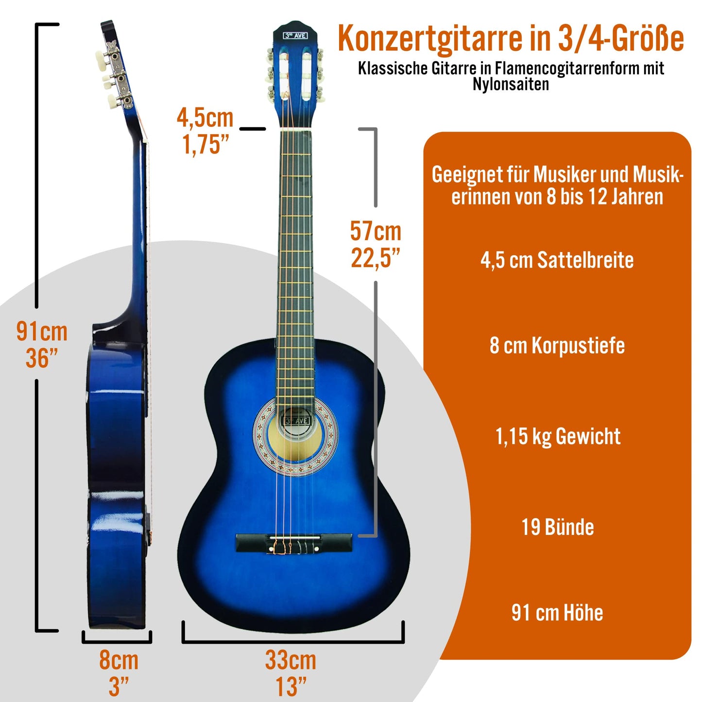 3rd Avenue 3/4-Klassikgitarre Für Kinder, Spanische Nylonsaiten, Einsteigerpaket – Rot