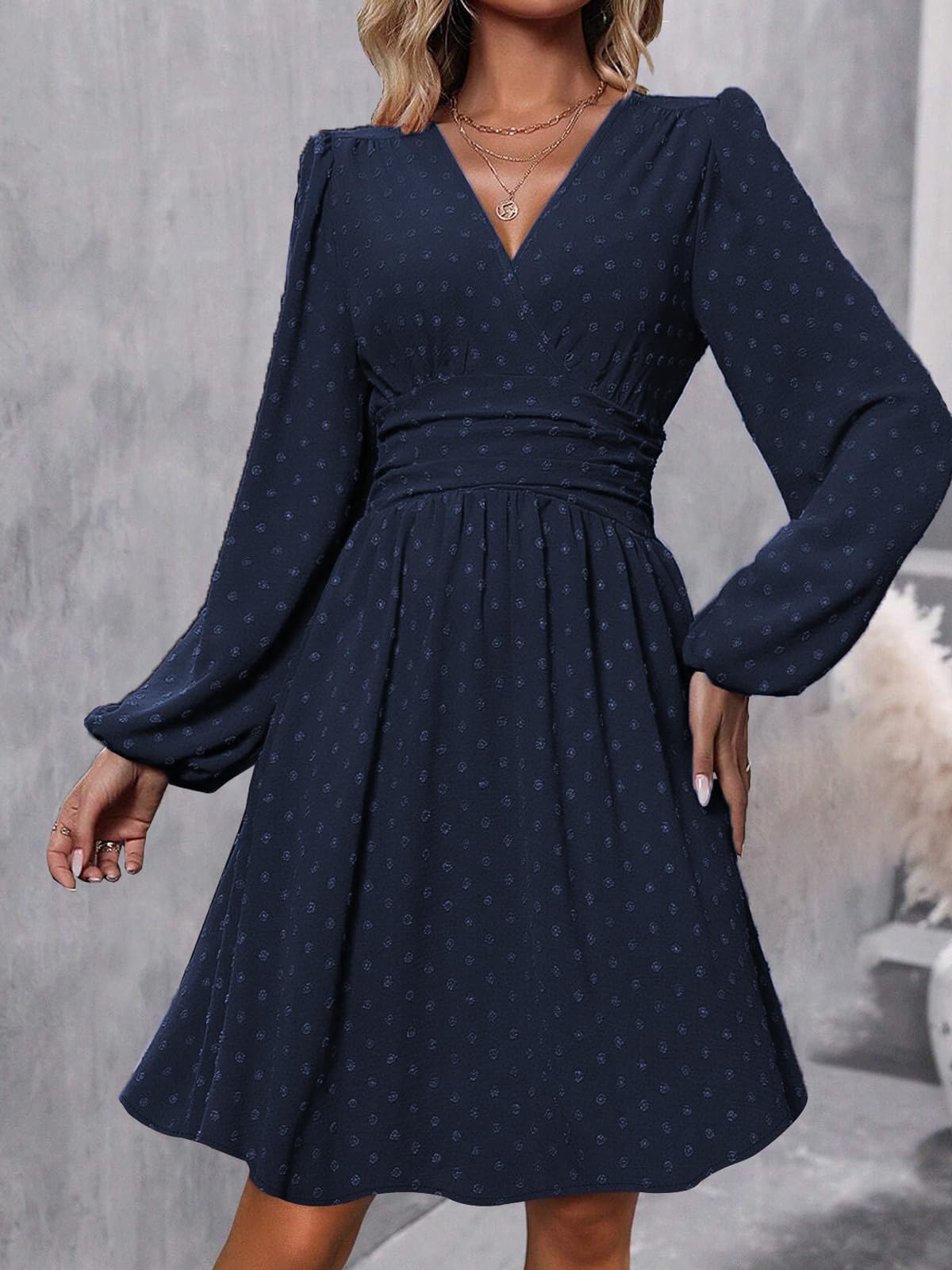 LIAMERHE Damen Elegant Kleid Langarm/Kurze Ärmel V-Ausschnitt Casual Kleider A-Linie Blumenmuster Minikleid Freizeitkleider Sommer Herbst Winter Laternenärmeln Kleid Partykleid