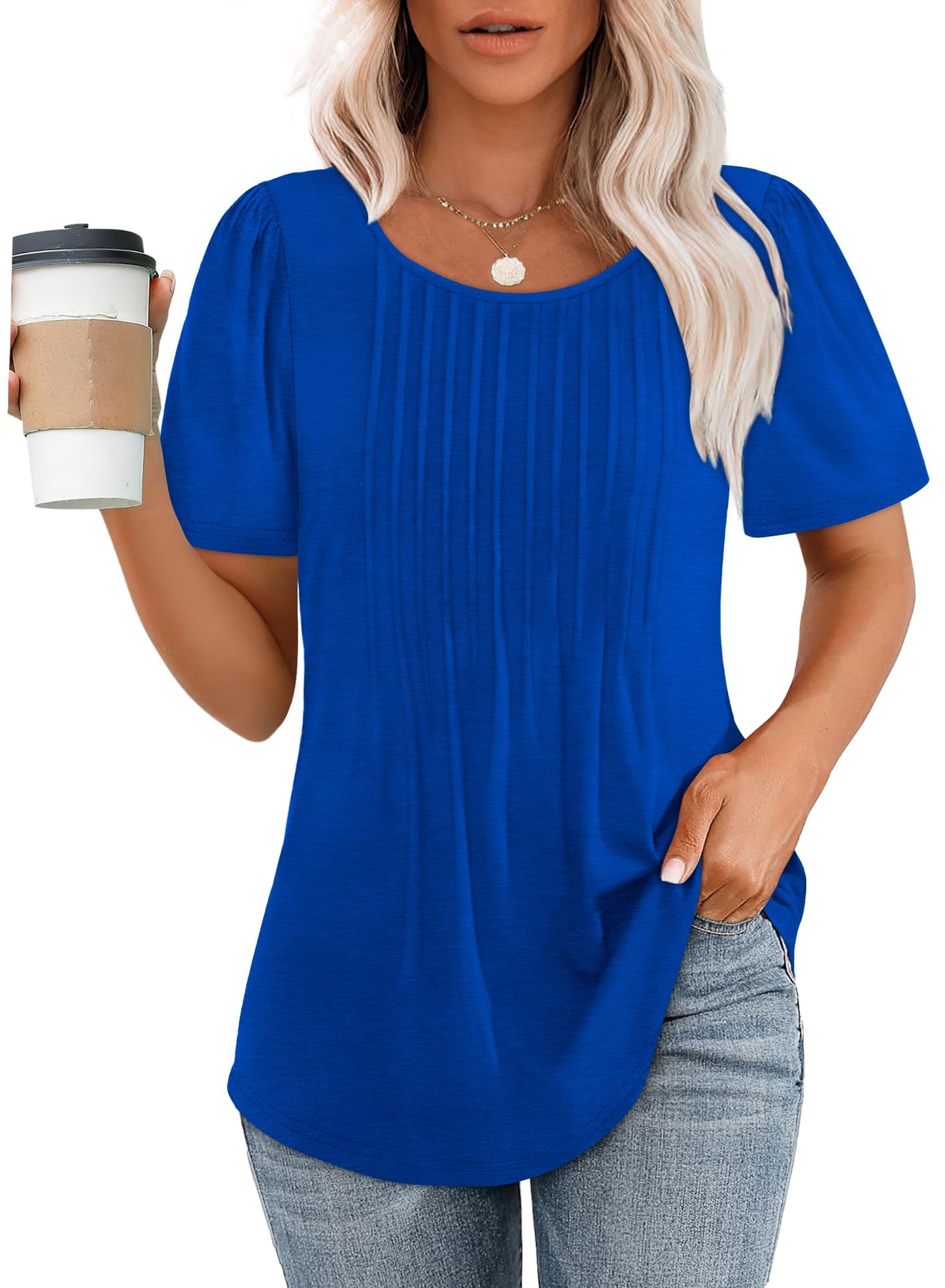 Cuptacc Tshirt Damen Rundhals Mit Falten Locker Puffärmel T-Shirt Elegant Kurzarm Geblümt/Einfarbig Top Damen