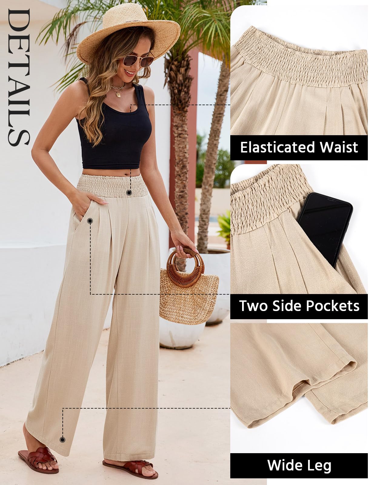 Niwicee Leinenhose Damen Sommer Baumwolle Leinen Hose High Waist Geradem Lose Casual Sommerhose mit Taschen Elastisch Hohe Taille Freizeithose Strandhose Lang Leichte