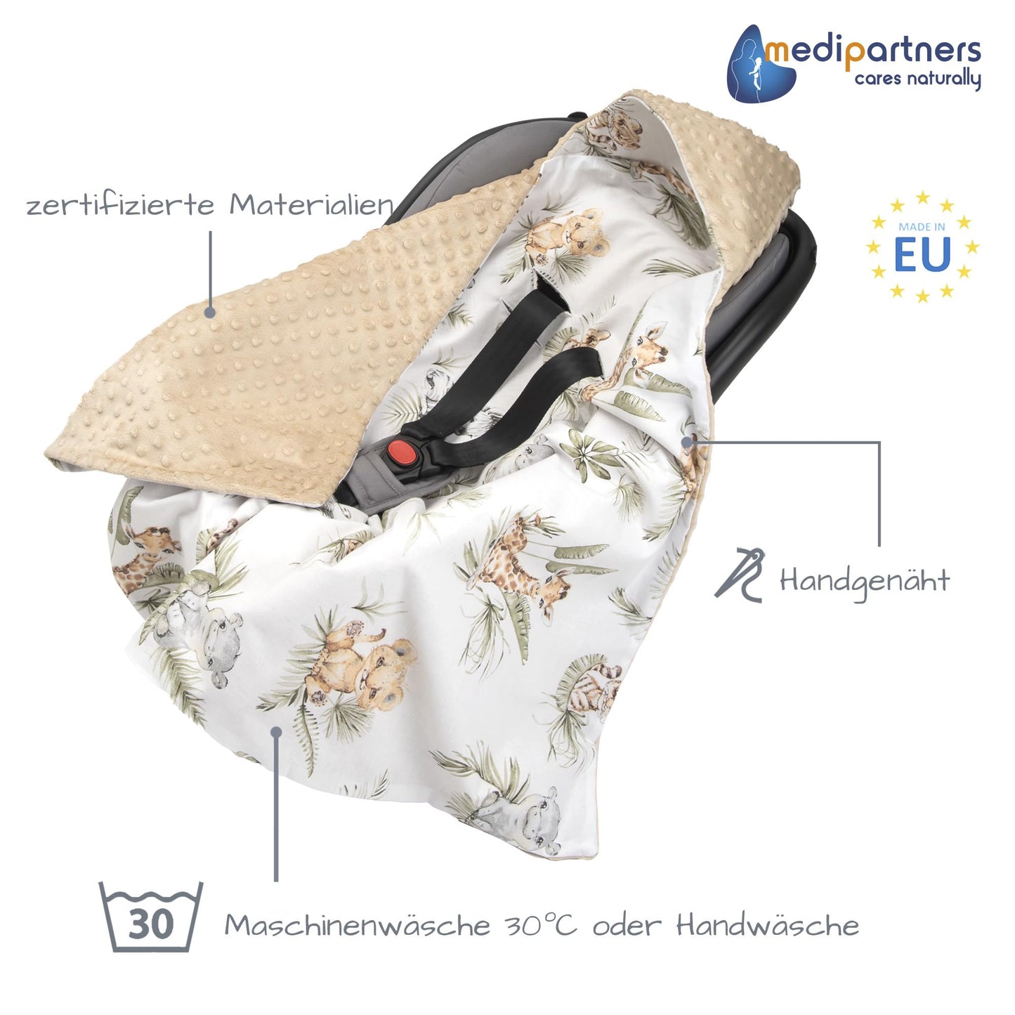 Medi Partners Einschlagdecke Baby Babyschale 100% Baumwolle für Sommer 85x85cm Kinderwagen Kuscheldecke universal Baby Decke Einschlagdecken Babydecke Buggy Autositz (weiße Sterne mit grauen Minky