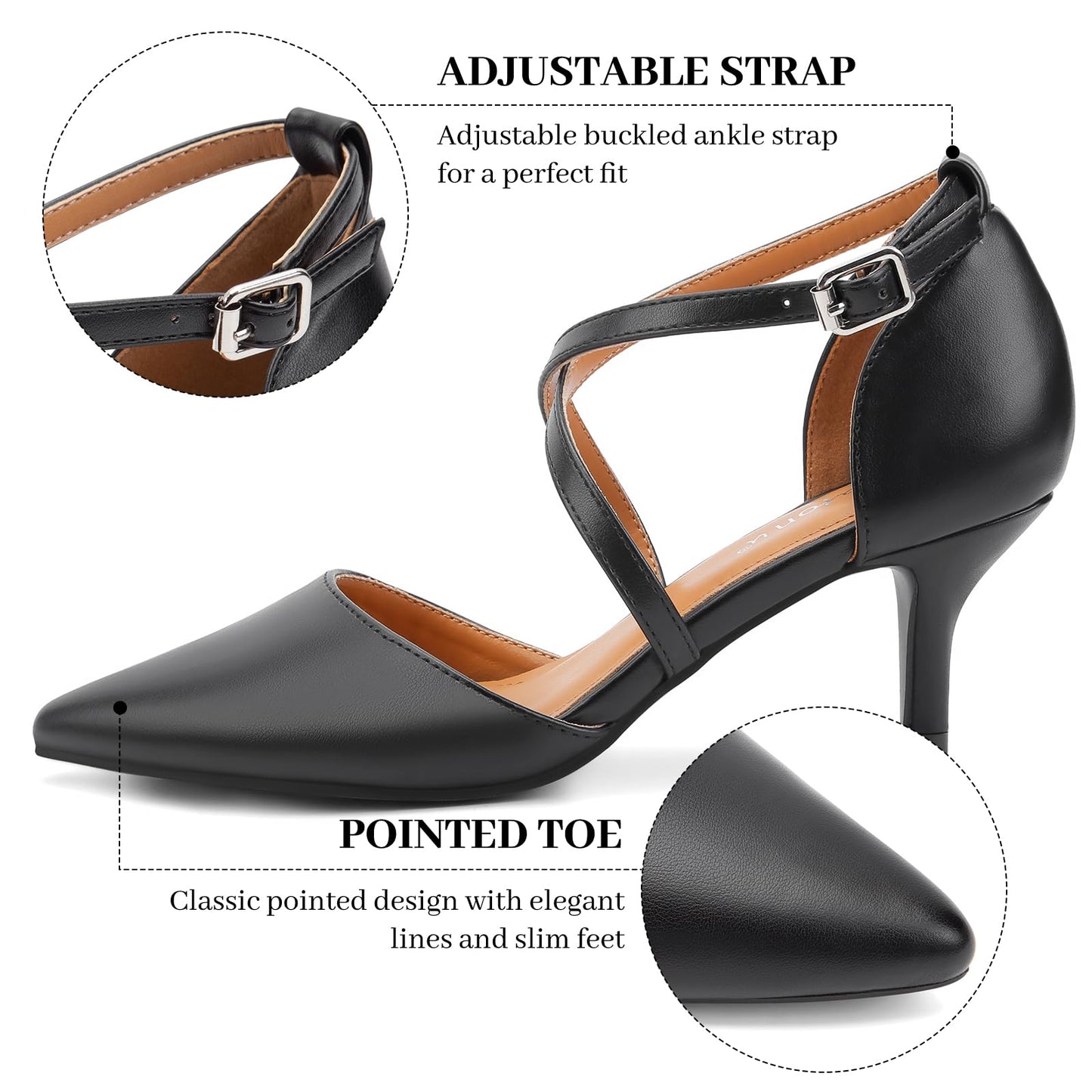 Greatonu Women's Pointed Toe Court Shoes with Ankle Strap and Kitten Heel