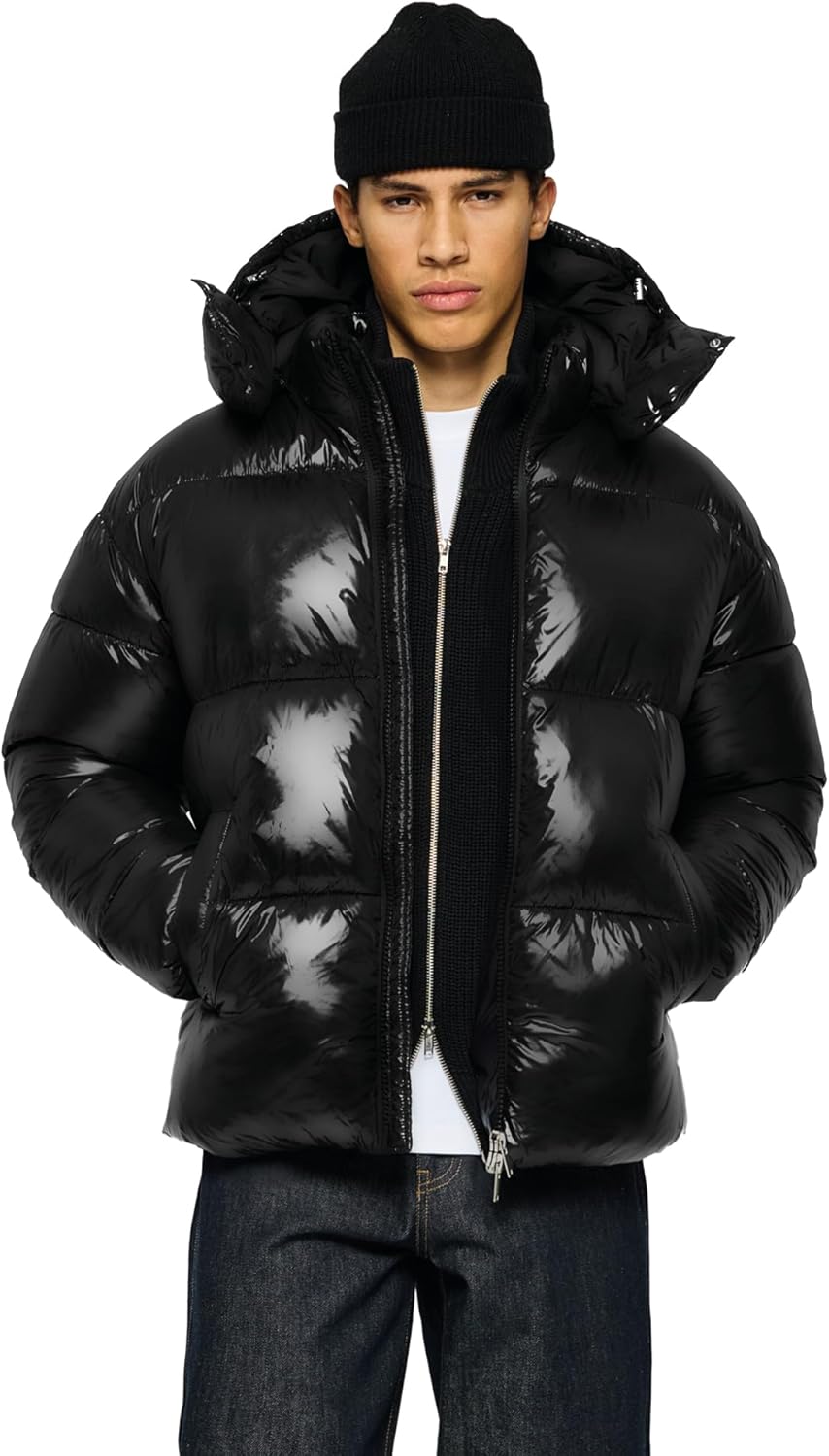 Burocs Hooded Puffer Jacket - Black Glossy - Oversized Herrenjacke - abnehmbare Kapuze - Reißverschluss - Innentasche