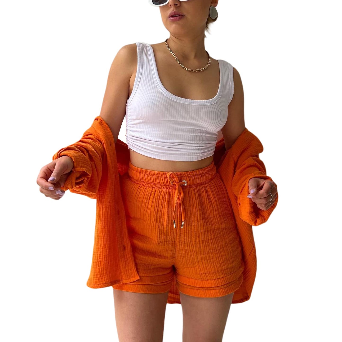 Geagodelia Damen Zweiteiler Elegant Hosenanzug Sommer Outfits Kleidung 2 Teiler Set Bluse Top + Shorts Y2k Aesthetic Clothes Loungewear Anzug