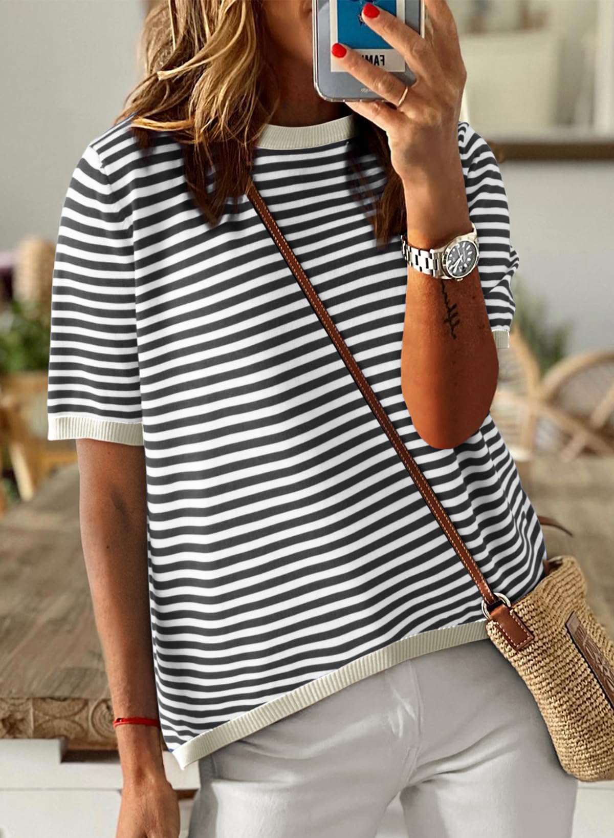 Cuptacc Tshirt Damen Baumwolle Shirt Damen Oberteile Sommer Gestreiftes Rundhals Basic Tops Kurzarm Tunika Damen Blusen Elegant Weiß Schwarz