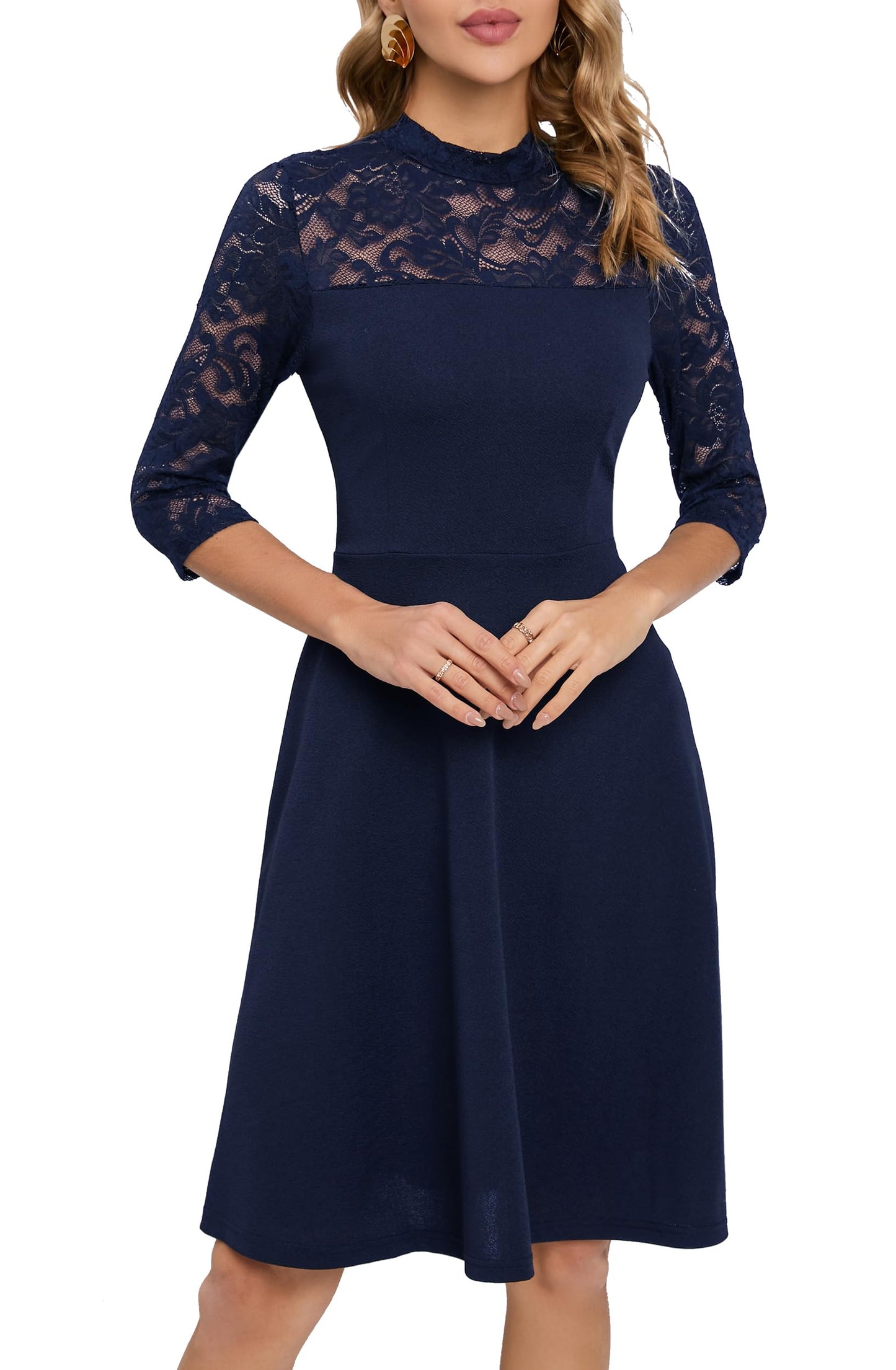 HOMEYEE Damen Elegant Spitze 3/4 Ärmel Rockabilly Kleid Retro Knielang Cocktailkleid für Hochzeit A368